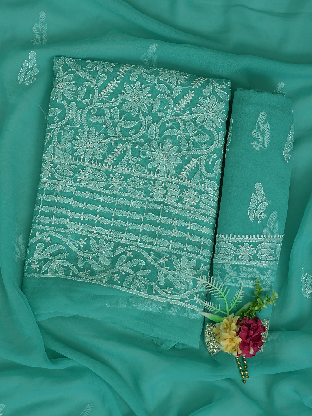 Ada Hand Embroidered Rama Green Georgette Lucknowi Chikankari Unstitched Suit Piece 01A878892