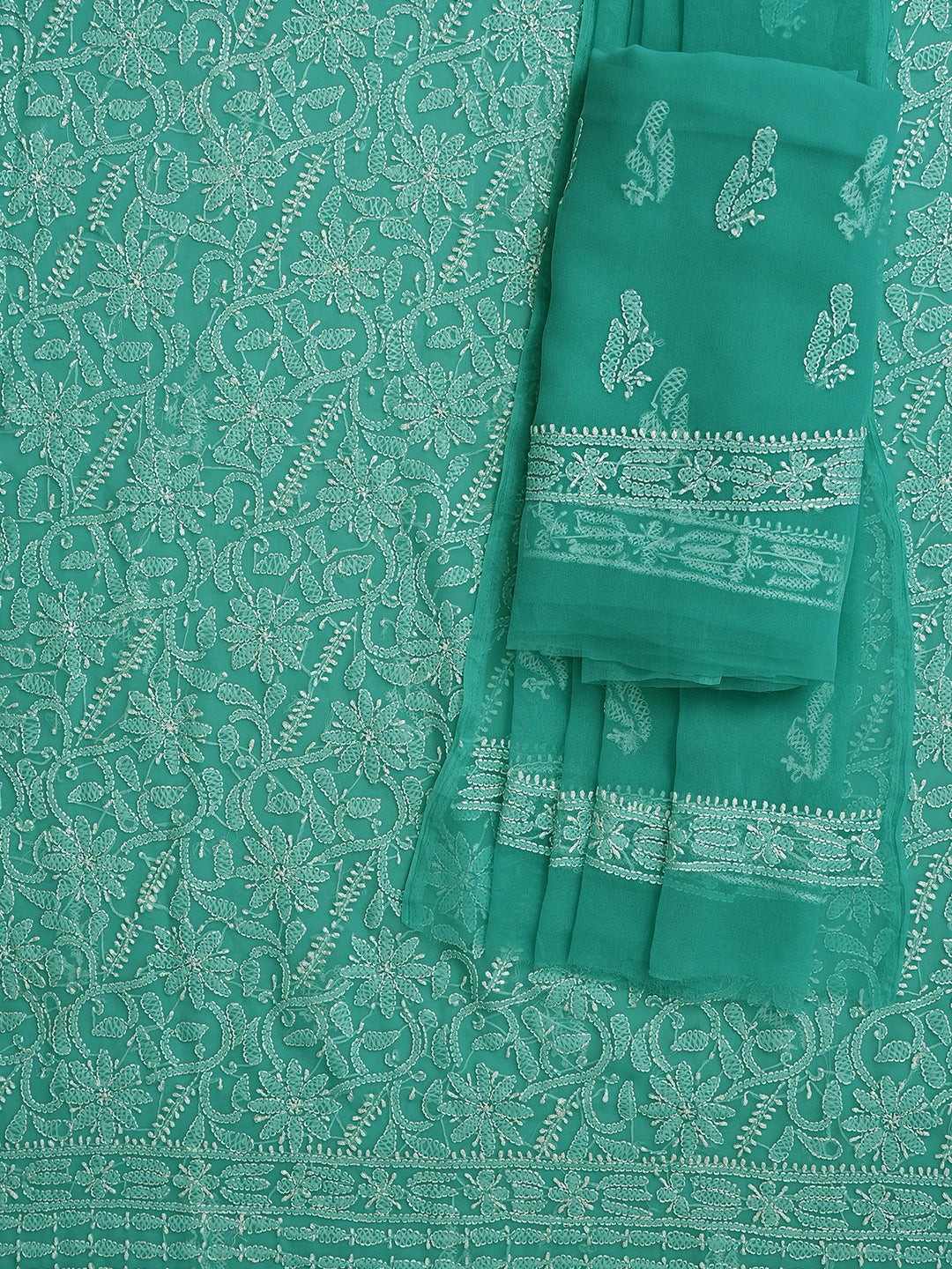 Ada Hand Embroidered Rama Green Georgette Lucknowi Chikankari Unstitched Suit Piece 01A878892