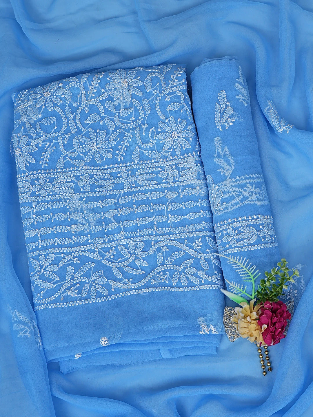 Ada Hand Embroidered Blue Georgette Lucknowi Chikankari Unstitched Suit Piece 01A878917
