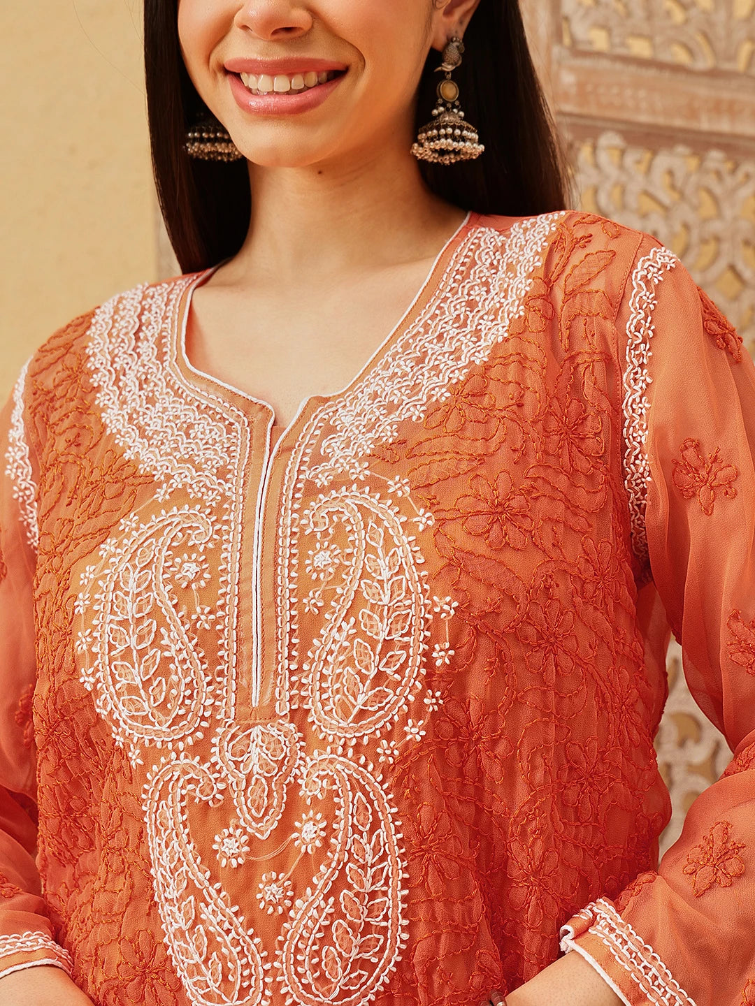 Ada Hand Embroidered Rust Georgette Lucknowi Chikankari Short Kurti With Slip A911192