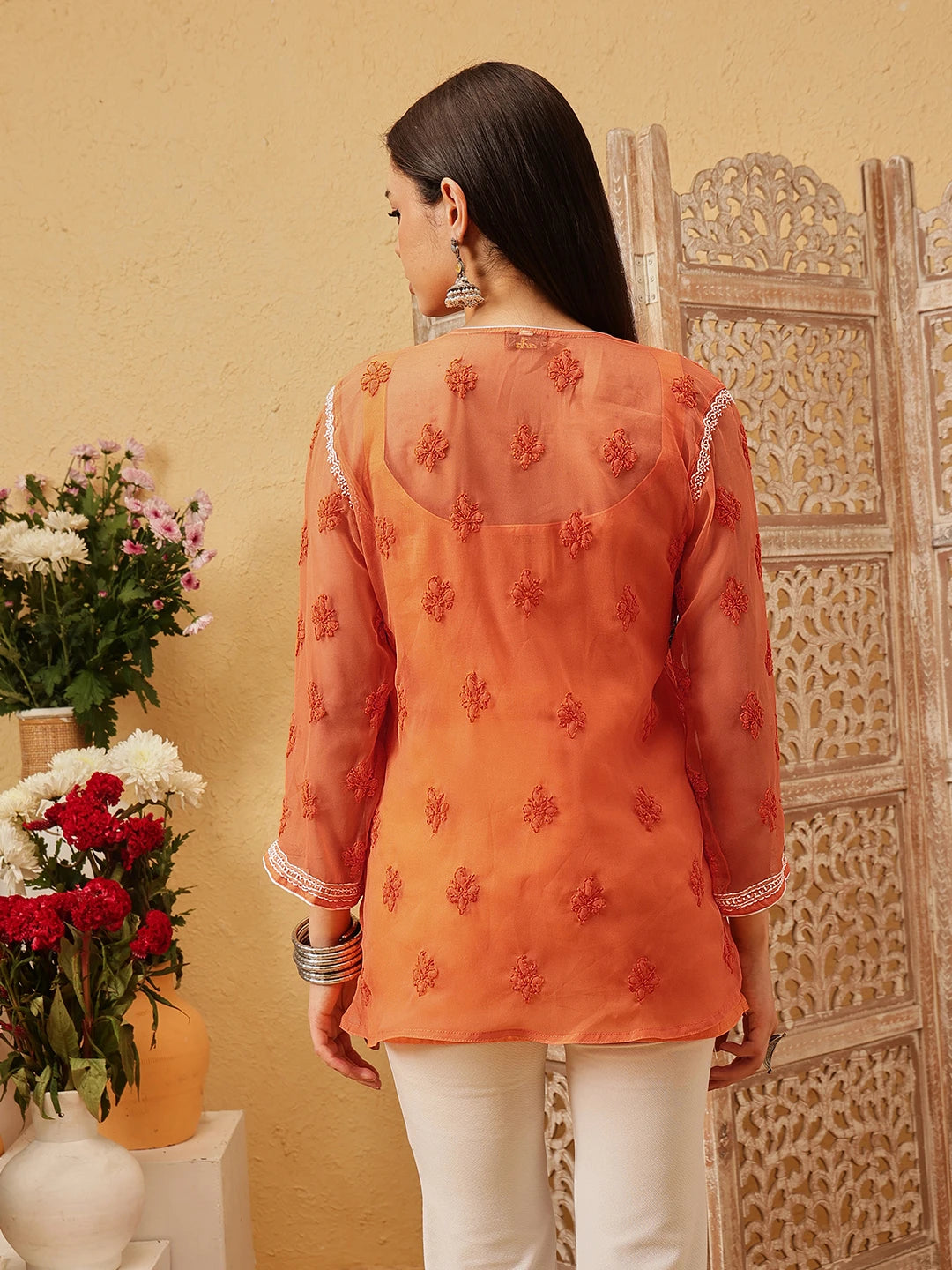 Ada Hand Embroidered Rust Georgette Lucknowi Chikankari Short Kurti With Slip A911192