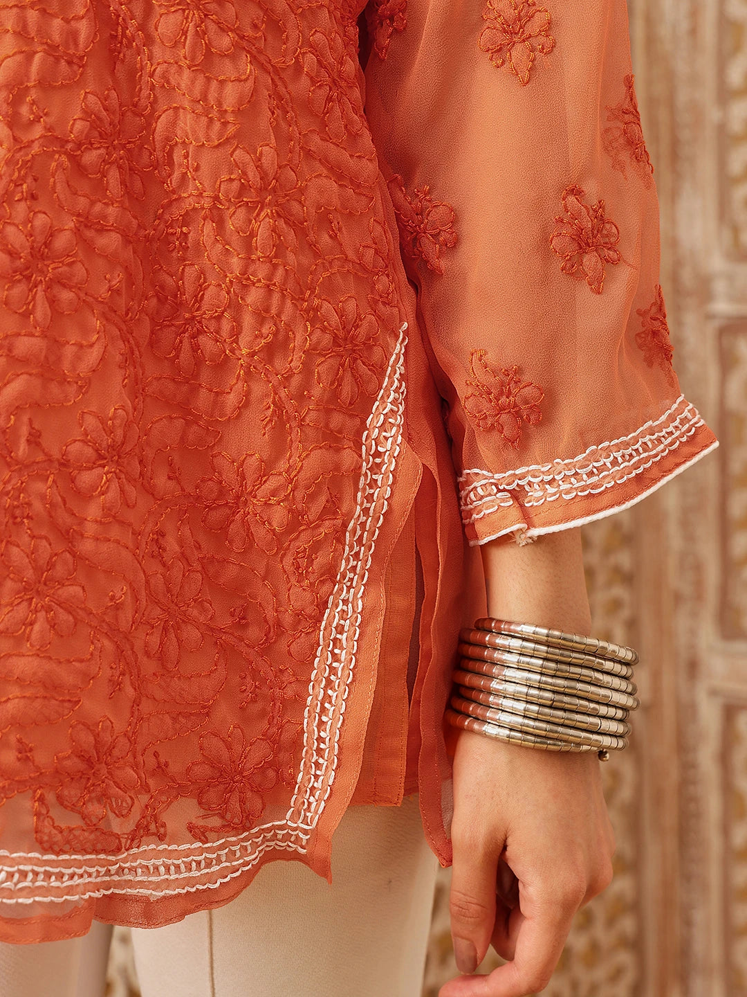 Ada Hand Embroidered Rust Georgette Lucknowi Chikankari Short Kurti With Slip A911192