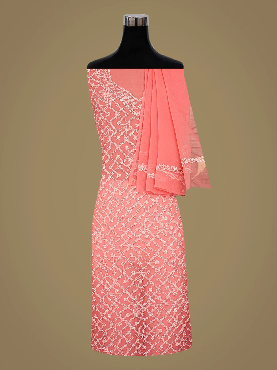 Ada Hand Embroidered Carrot Pink Georgette Lucknowi Chikankari Unstitched Suit Piece 01A879243