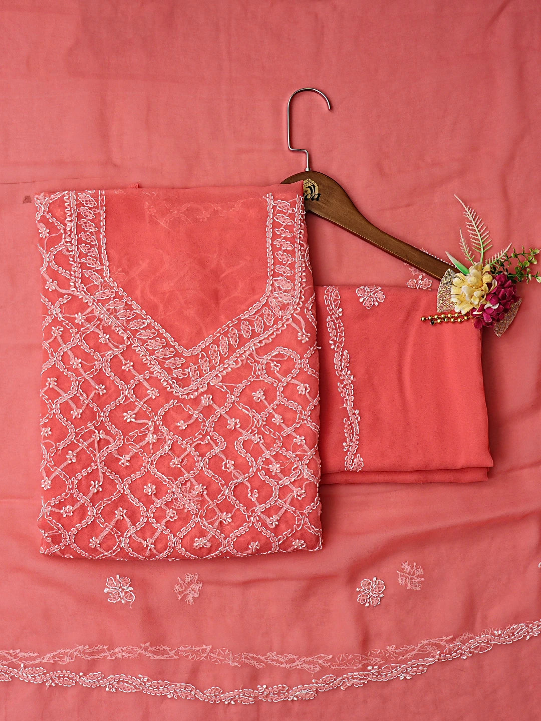 Ada Hand Embroidered Carrot Pink Georgette Lucknowi Chikankari Unstitched Suit Piece 01A879243
