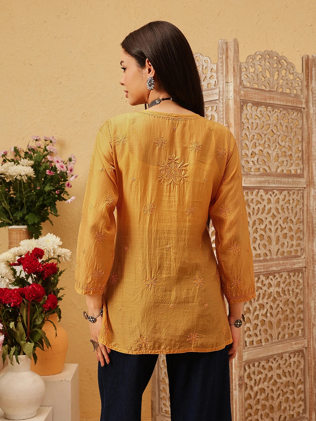 Ada Hand Embroidered Mustard Muslin Lucknowi Chikankari Short Kurti A911546