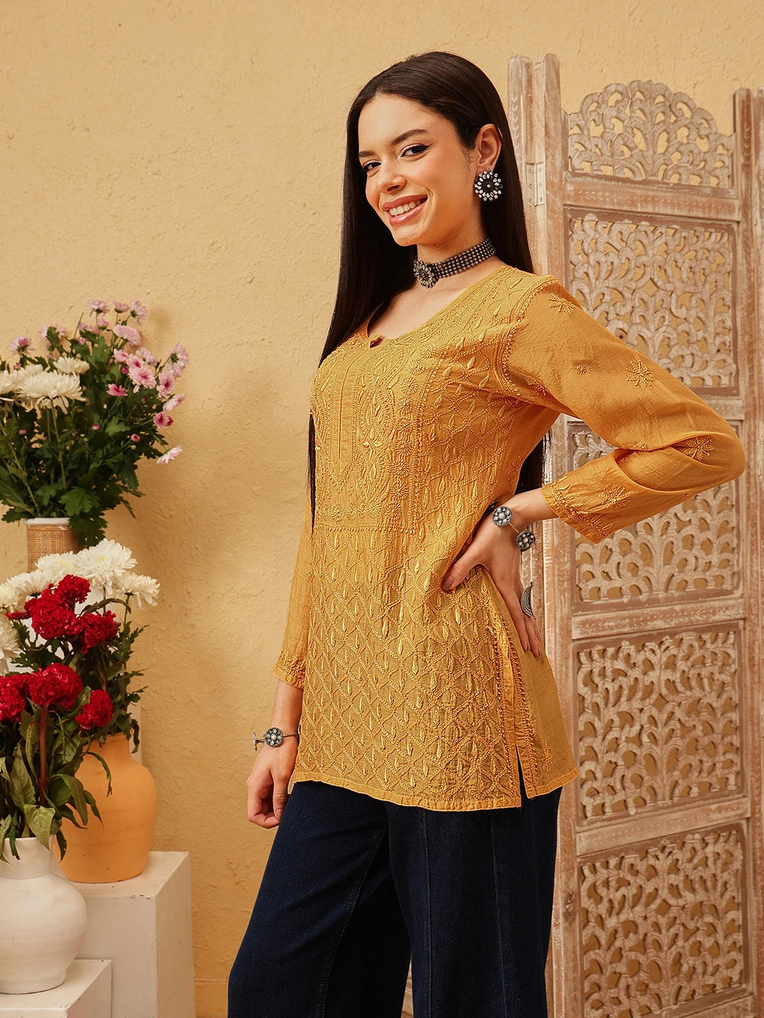 Ada Hand Embroidered Mustard Muslin Lucknowi Chikankari Short Kurti A911546