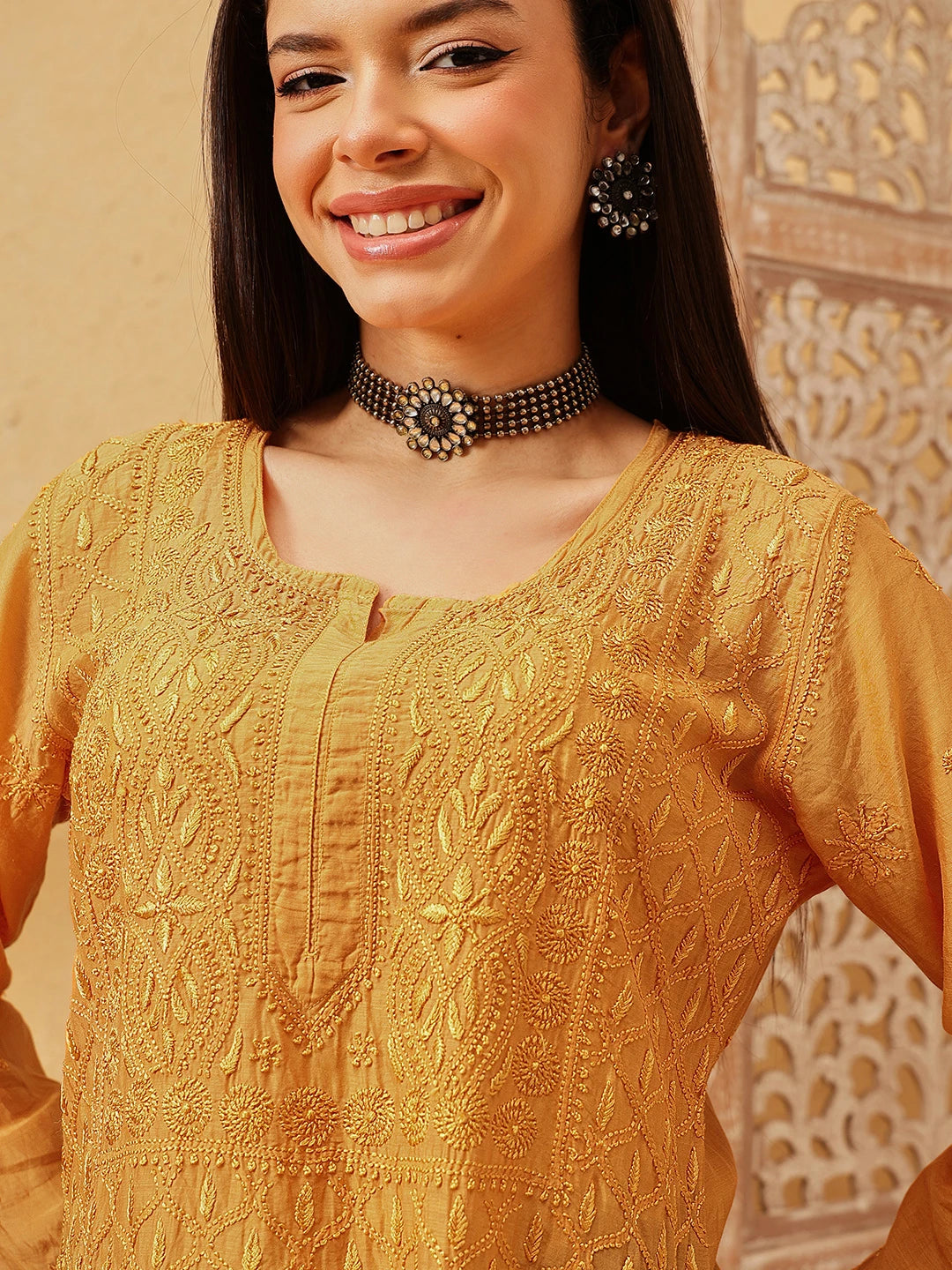 Ada Hand Embroidered Mustard Muslin Lucknowi Chikankari Short Kurti A911546