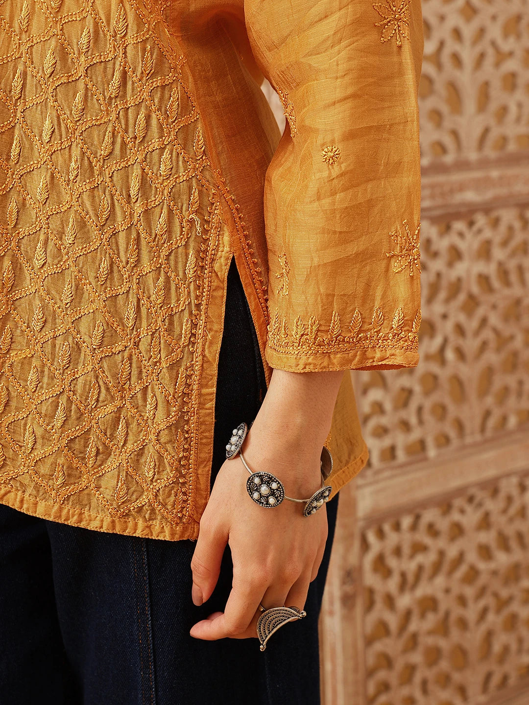 Ada Hand Embroidered Mustard Muslin Lucknowi Chikankari Short Kurti A911546
