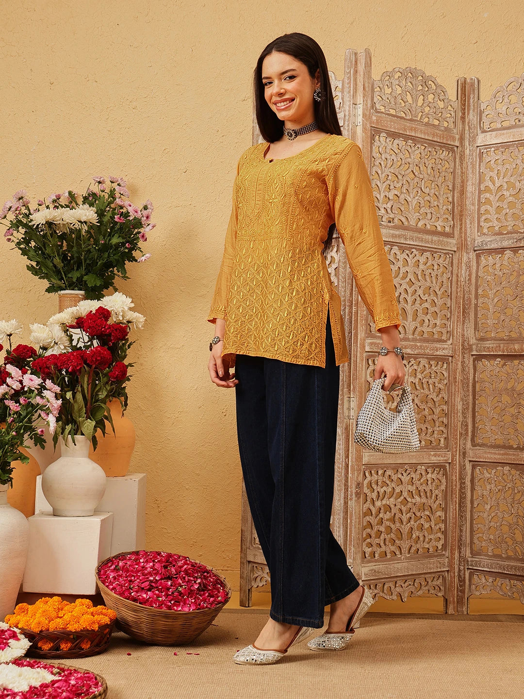 Ada Hand Embroidered Mustard Muslin Lucknowi Chikankari Short Kurti A911546