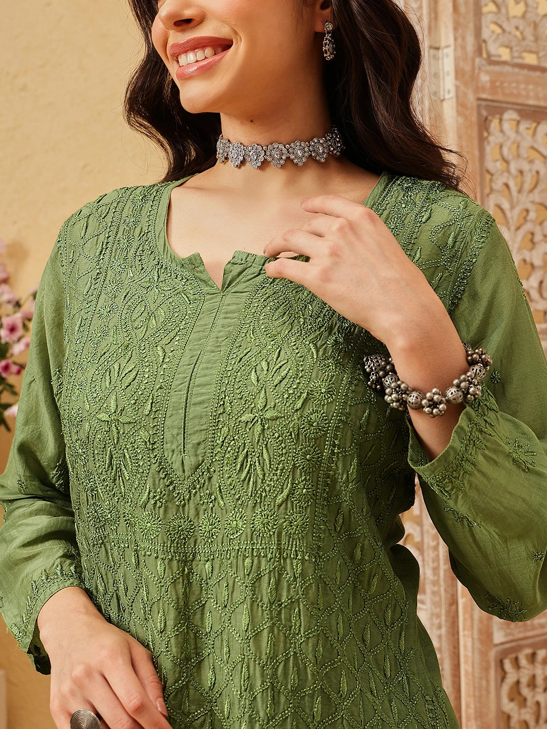 Ada Hand Embroidered Olive Green Muslin Lucknowi Chikankari Short Kurti A911548
