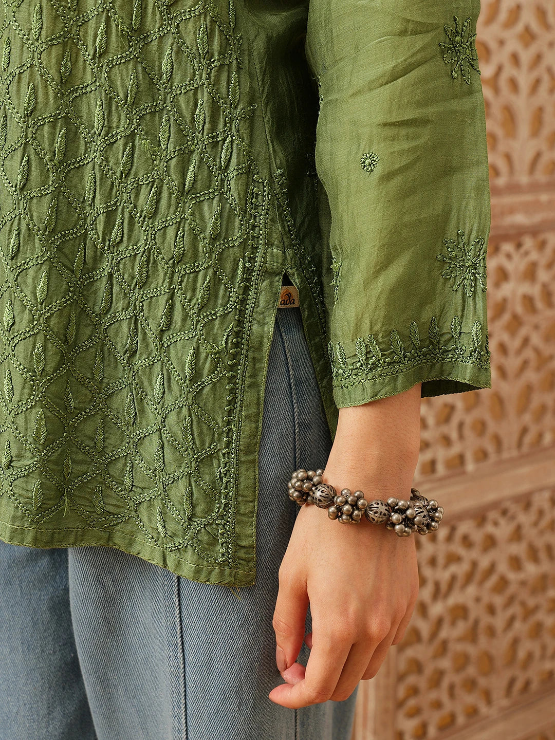 Ada Hand Embroidered Olive Green Muslin Lucknowi Chikankari Short Kurti A911548