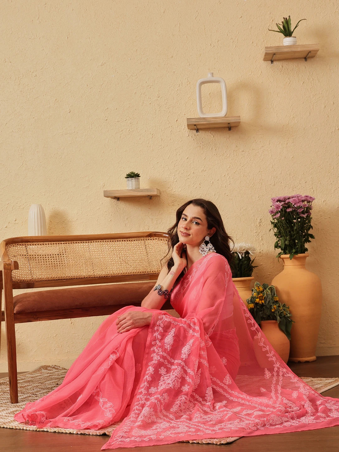 Ada Hand Embroidered Carrot Pink Georgette Lucknowi Chikankari Saree With Blouse 01A853813