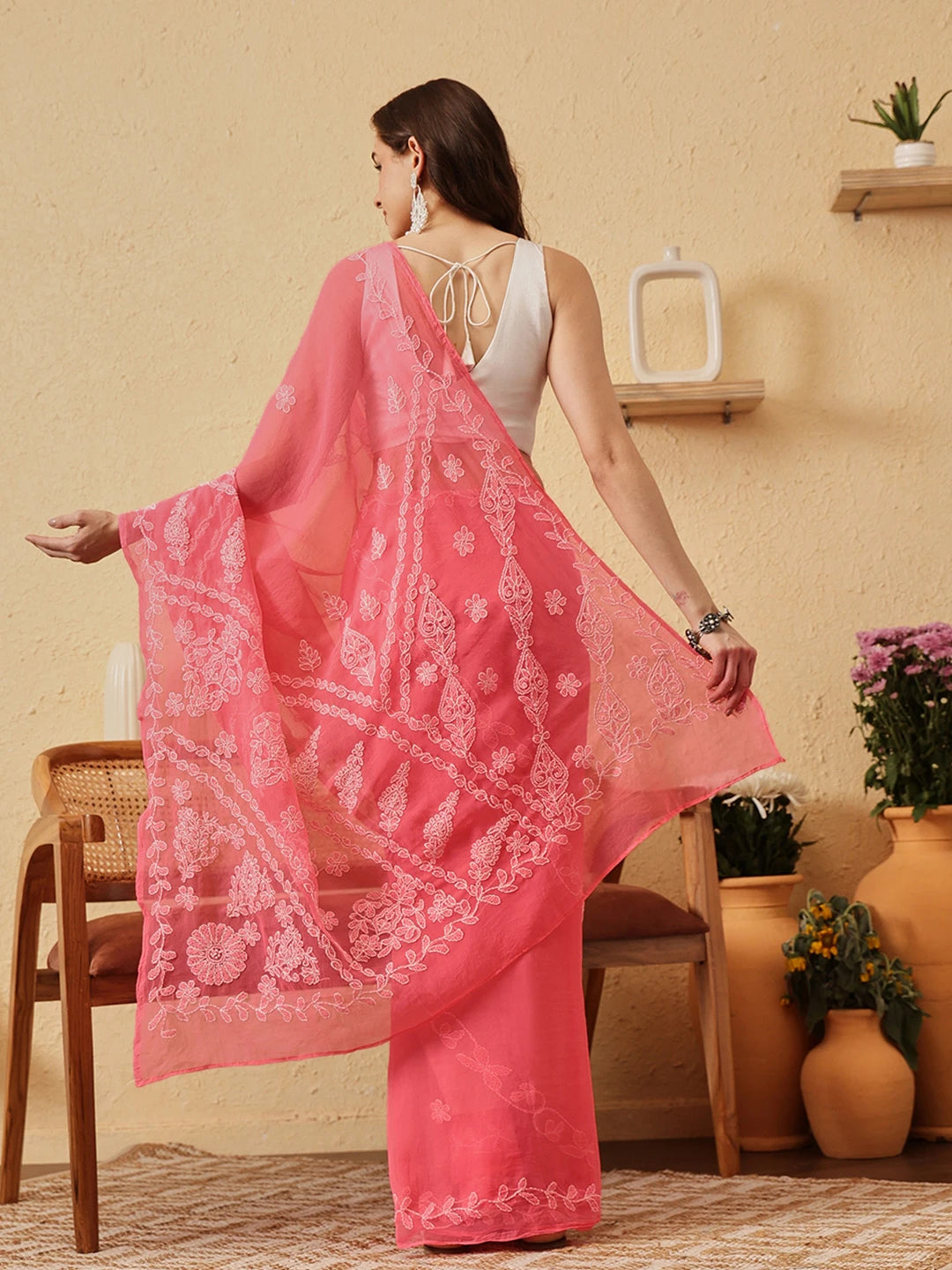 Ada Hand Embroidered Carrot Pink Georgette Lucknowi Chikankari Saree With Blouse 01A853813