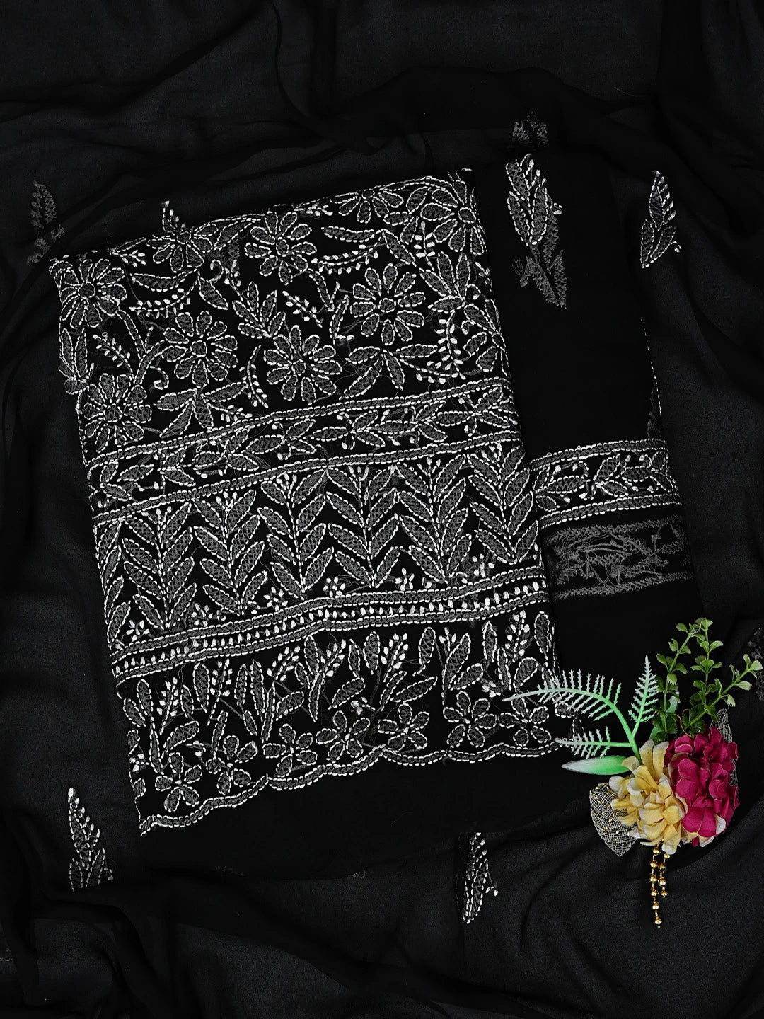 Ada Hand Embroidered Black Georgette Lucknowi Chikankari Unstitched Suit Piece 01A878900