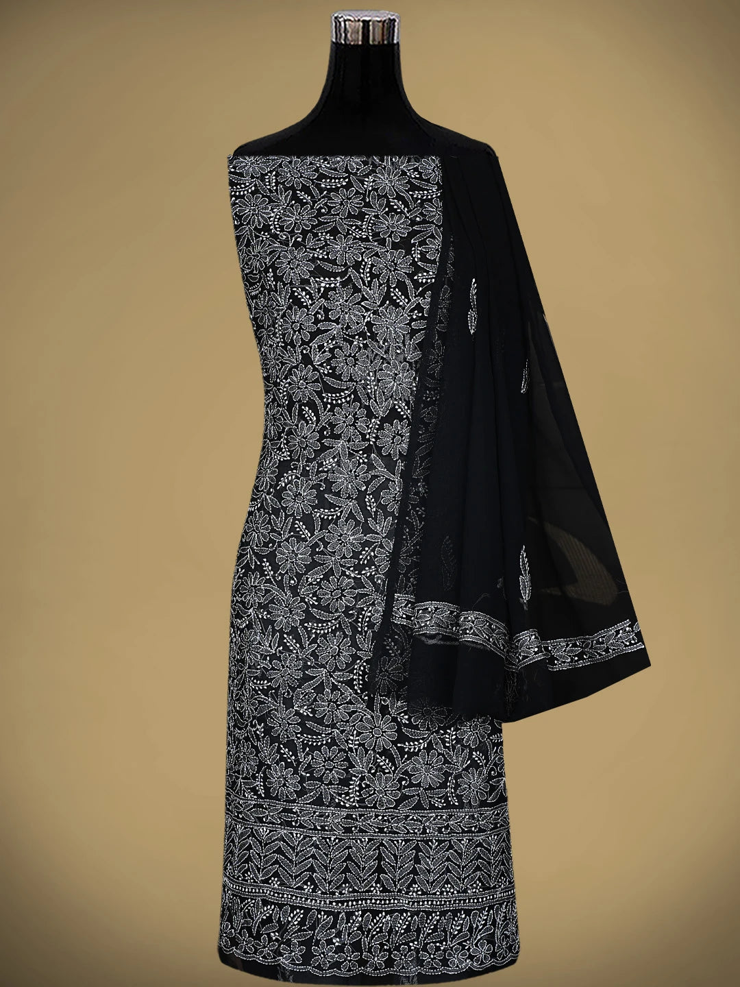Ada Hand Embroidered Black Georgette Lucknowi Chikankari Unstitched Suit Piece 01A878900
