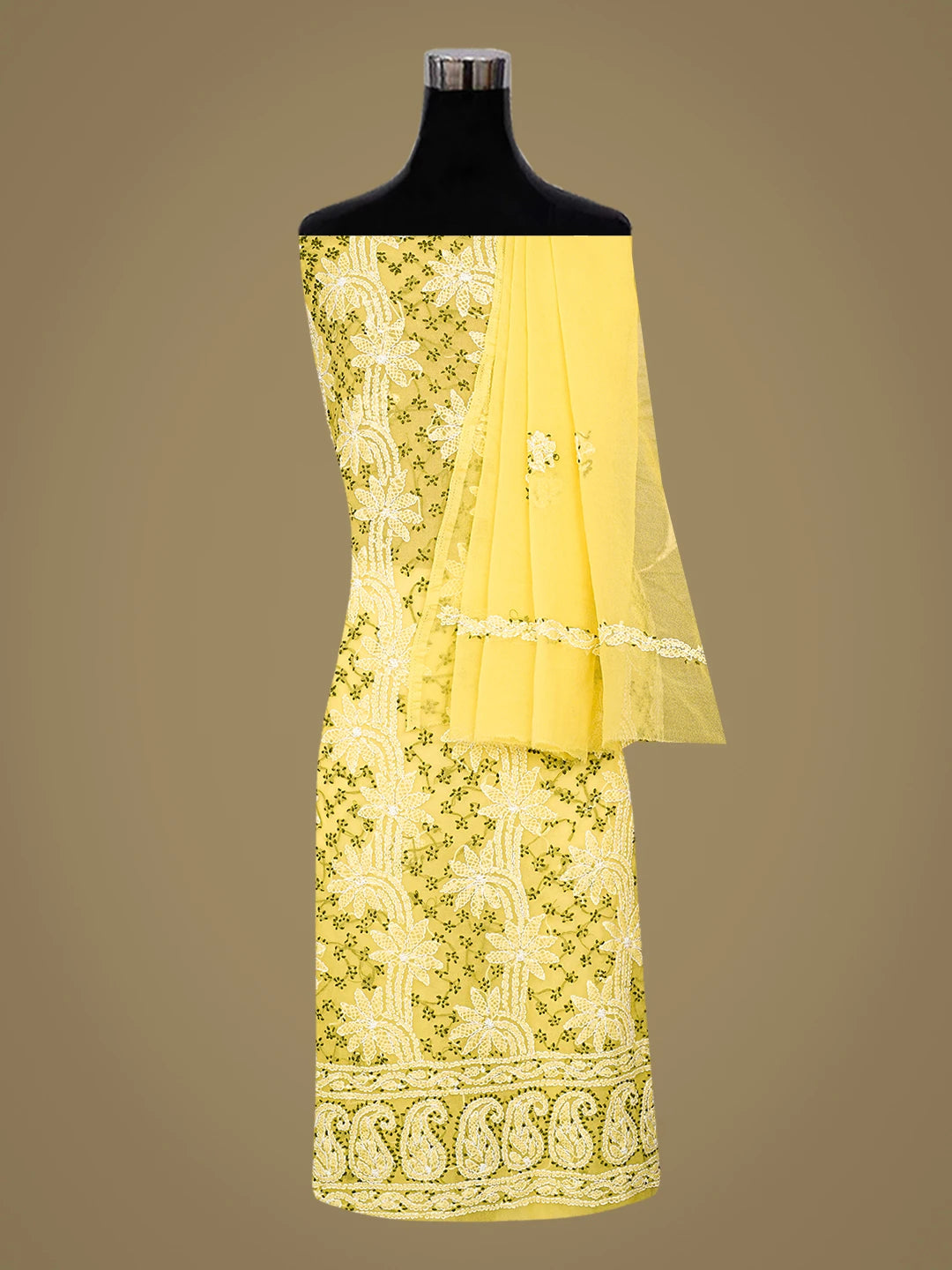Ada Hand Embroidered Yellow Georgette Lucknowi Chikankari Unstitched Suit Piece 01A872080