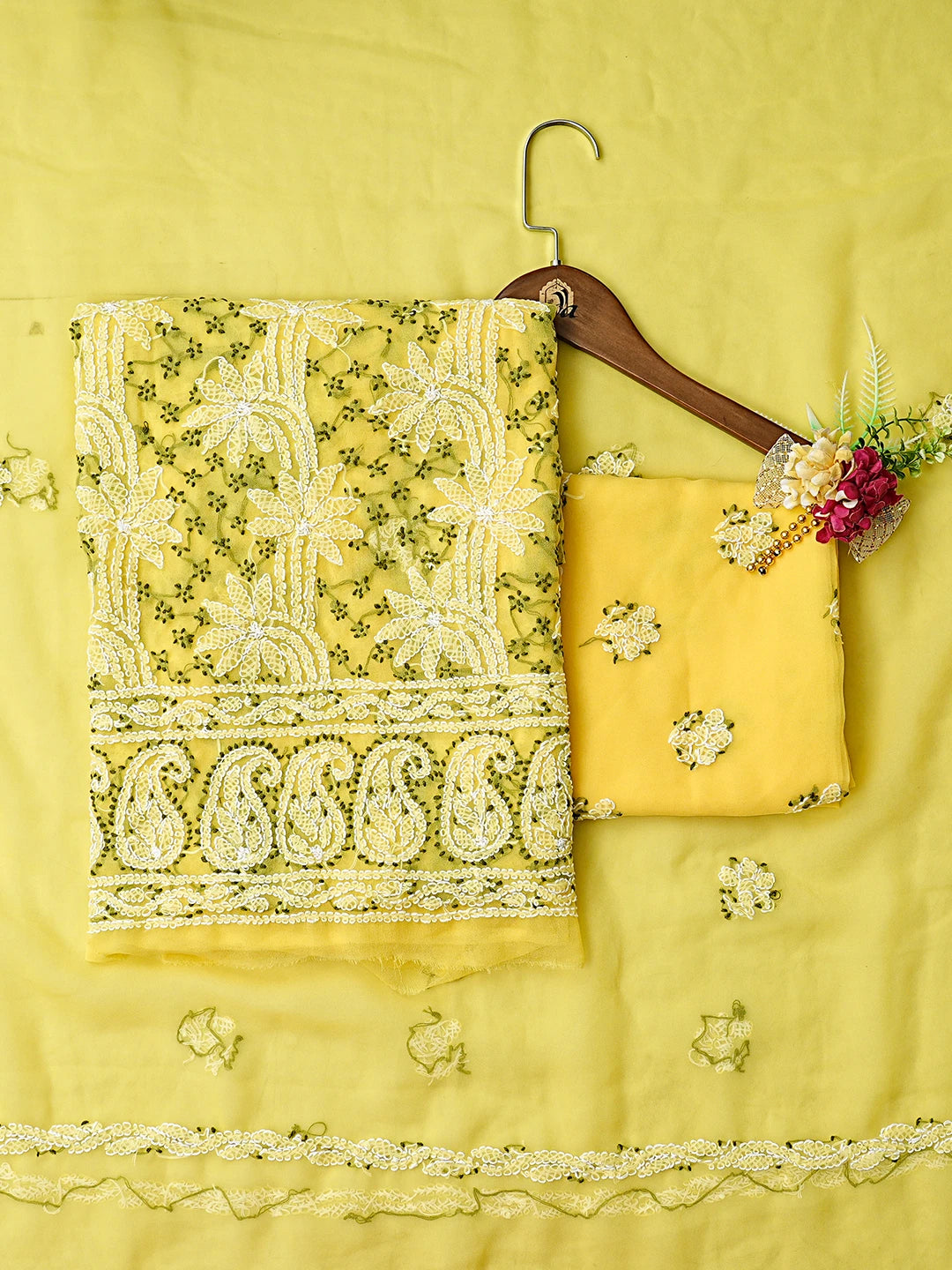 Ada Hand Embroidered Yellow Georgette Lucknowi Chikankari Unstitched Suit Piece 01A872080