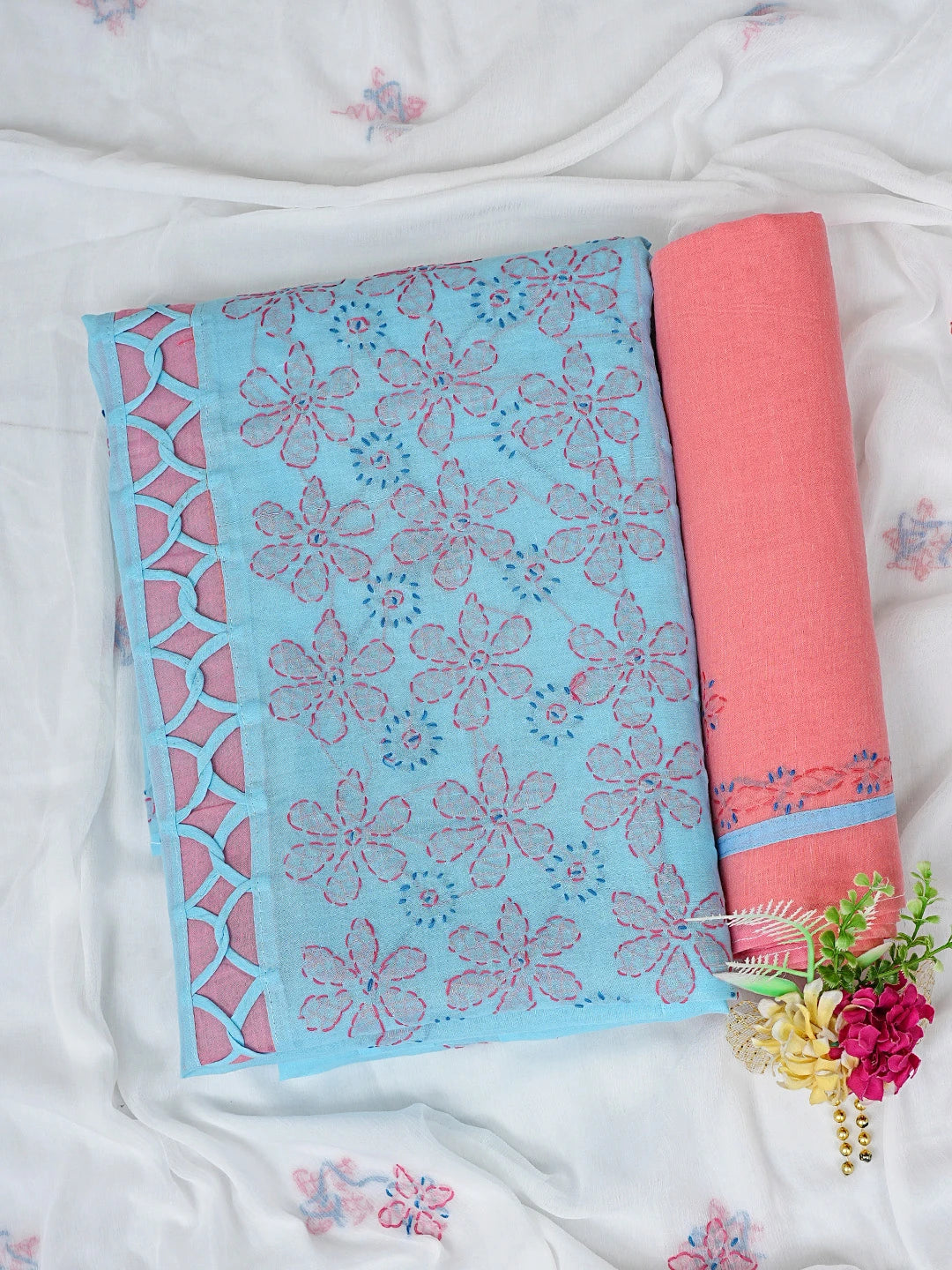 Ada Hand Embroidered Blue Cotton Lucknowi Chikankari Unstitched Suit Piece 01A878302