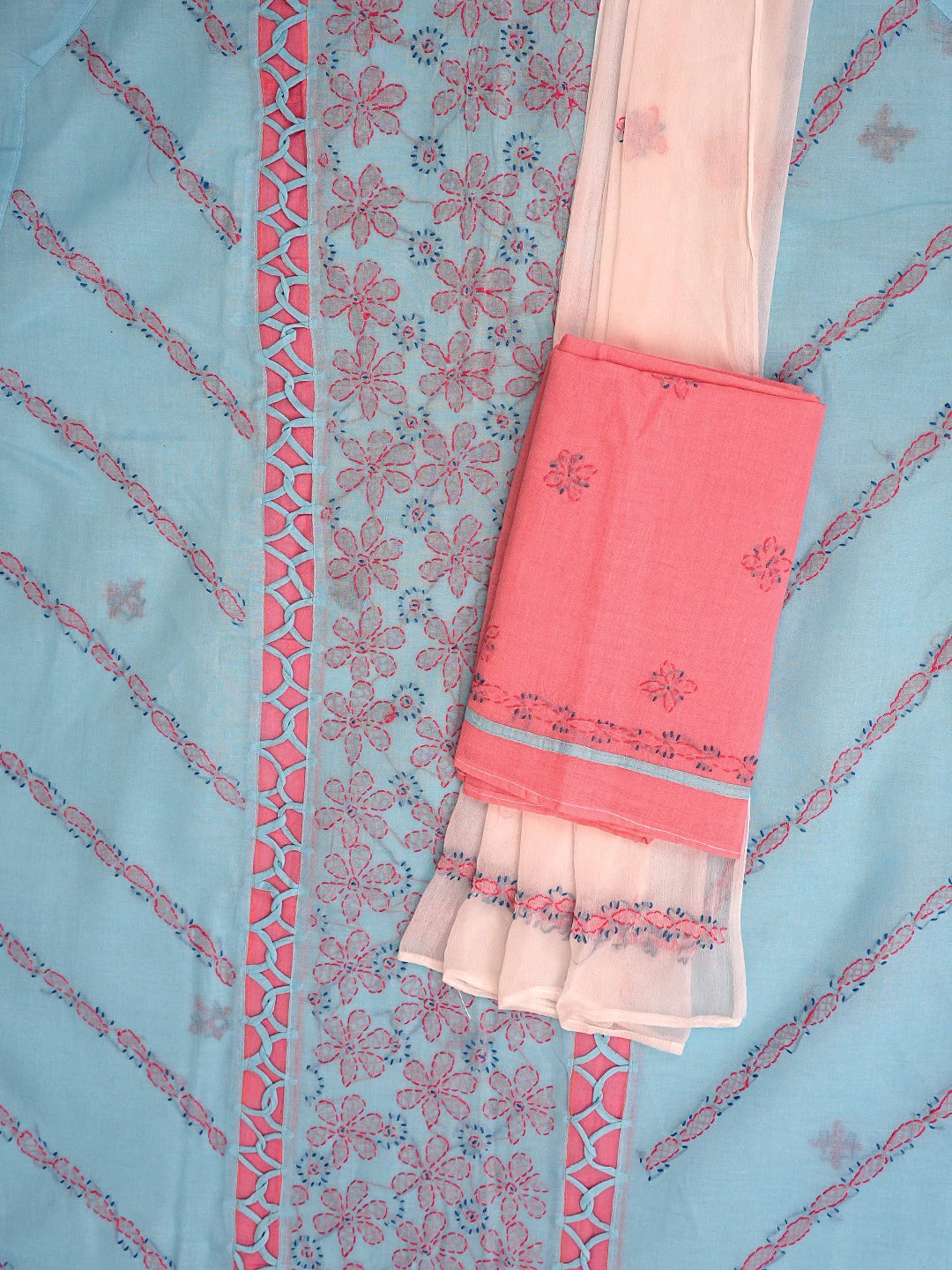Ada Hand Embroidered Blue Cotton Lucknowi Chikankari Unstitched Suit Piece 01A878302