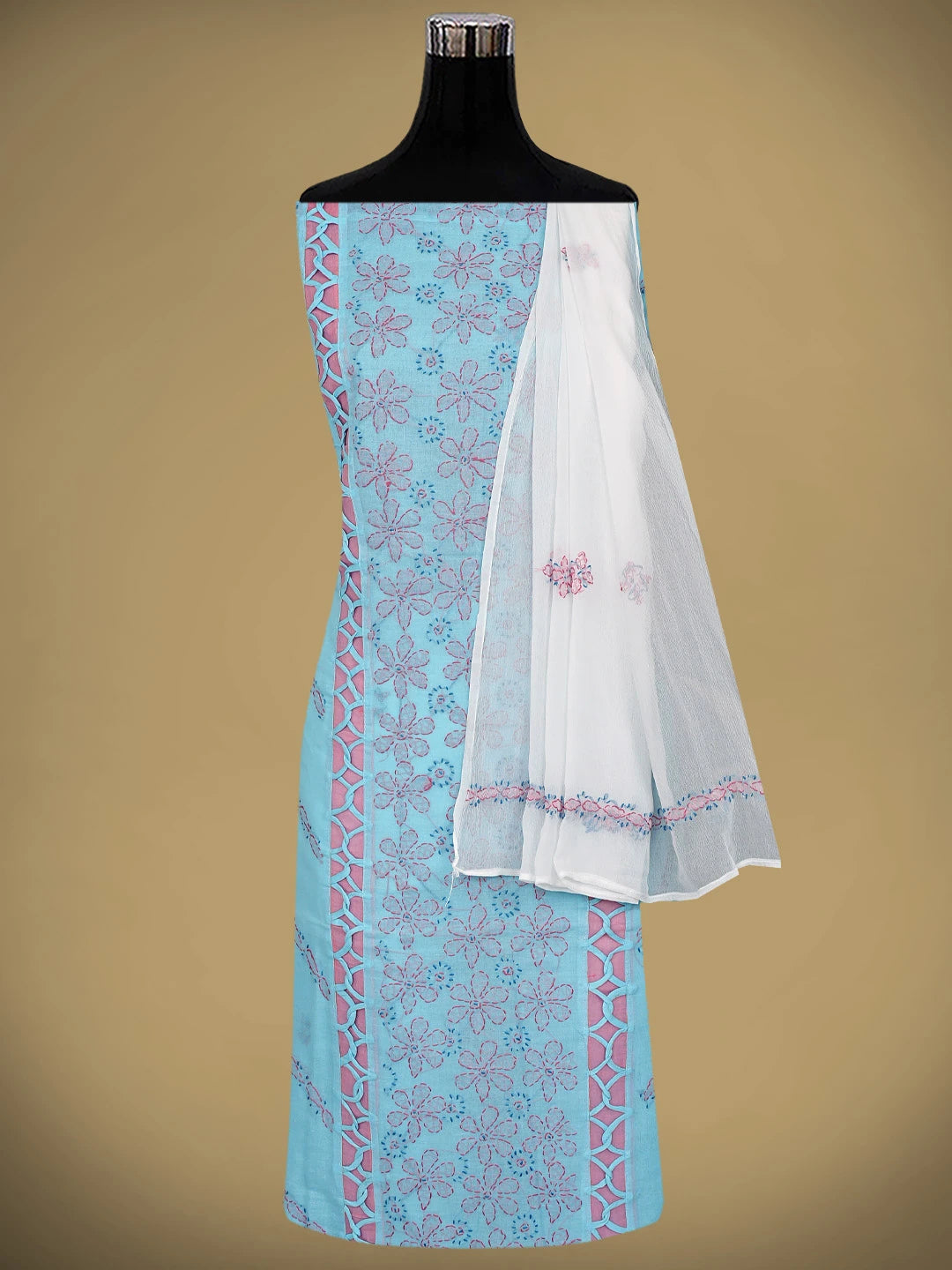 Ada Hand Embroidered Blue Cotton Lucknowi Chikankari Unstitched Suit Piece 01A878302