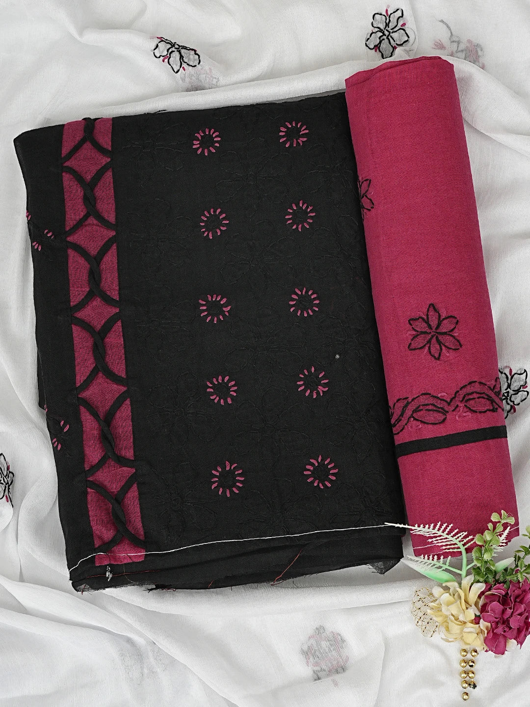 Ada Hand Embroidered Black Cotton Lucknowi Chikankari Unstitched Suit Piece 01A878304