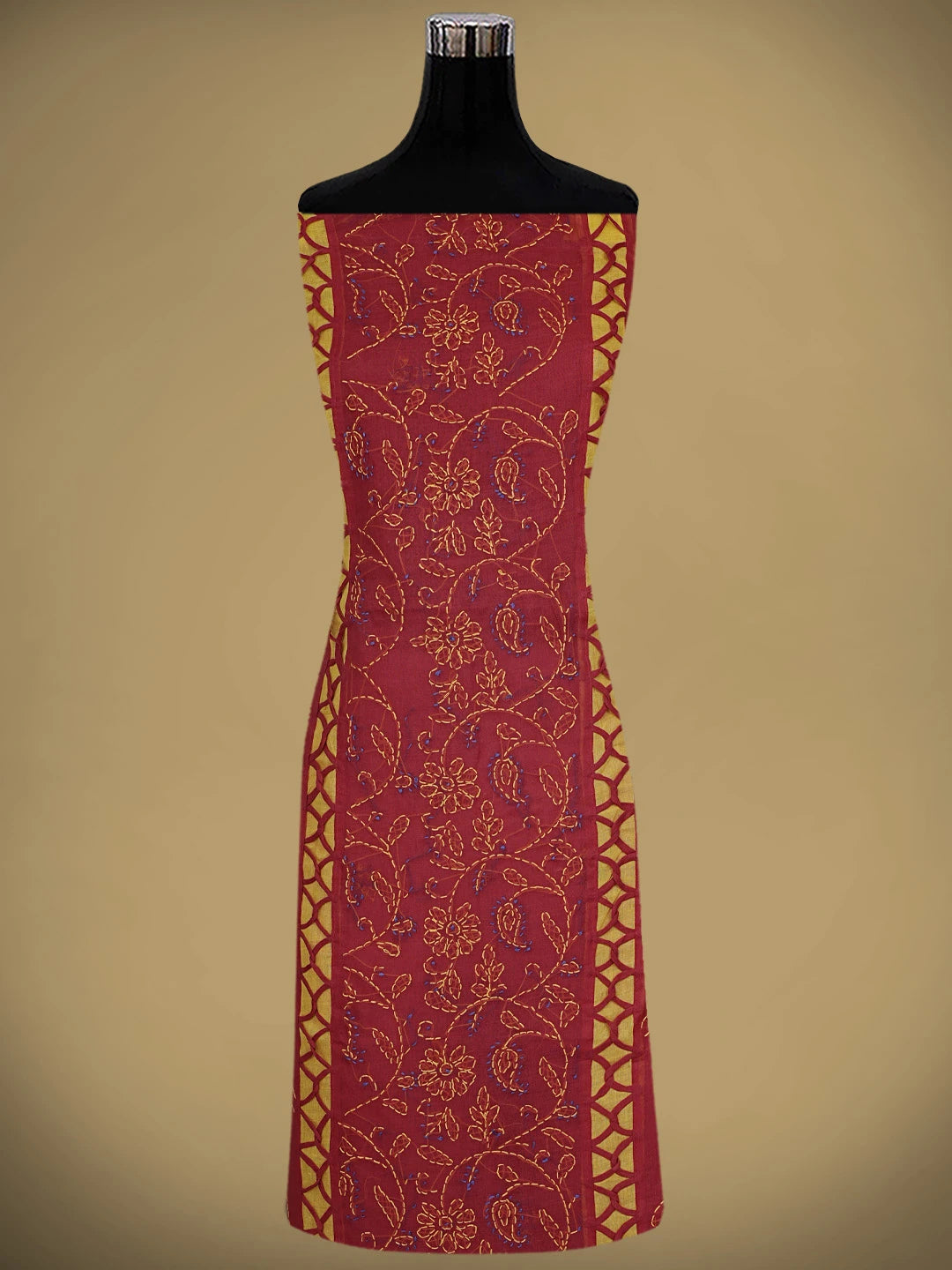 Ada Hand Embroidered Red Cotton Lucknowi Chikankari Unstitched Suit Piece 01A878307
