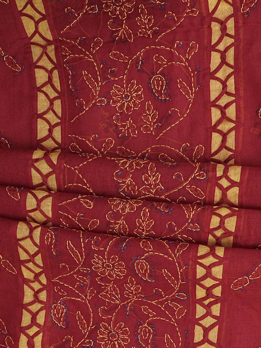 Ada Hand Embroidered Red Cotton Lucknowi Chikankari Unstitched Suit Piece 01A878307