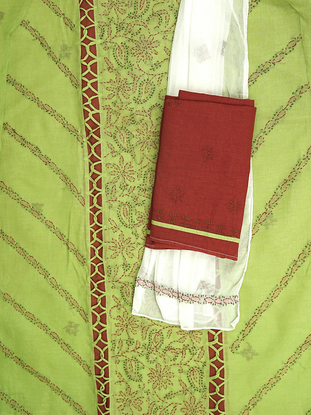 Ada Hand Embroidered Mehendi Green Cotton Lucknowi Chikankari Unstitched Suit Piece 01A878303