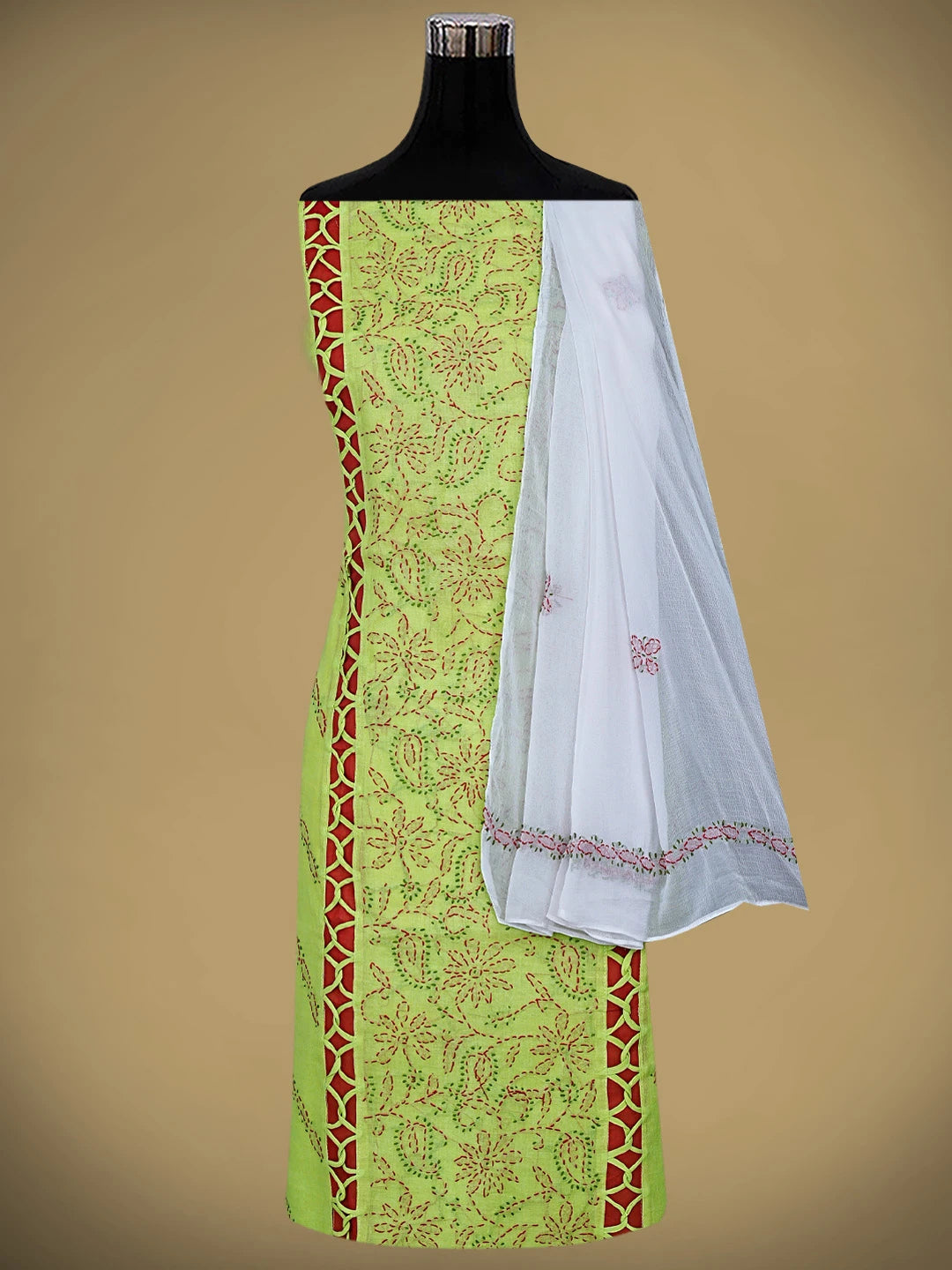 Ada Hand Embroidered Mehendi Green Cotton Lucknowi Chikankari Unstitched Suit Piece 01A878303