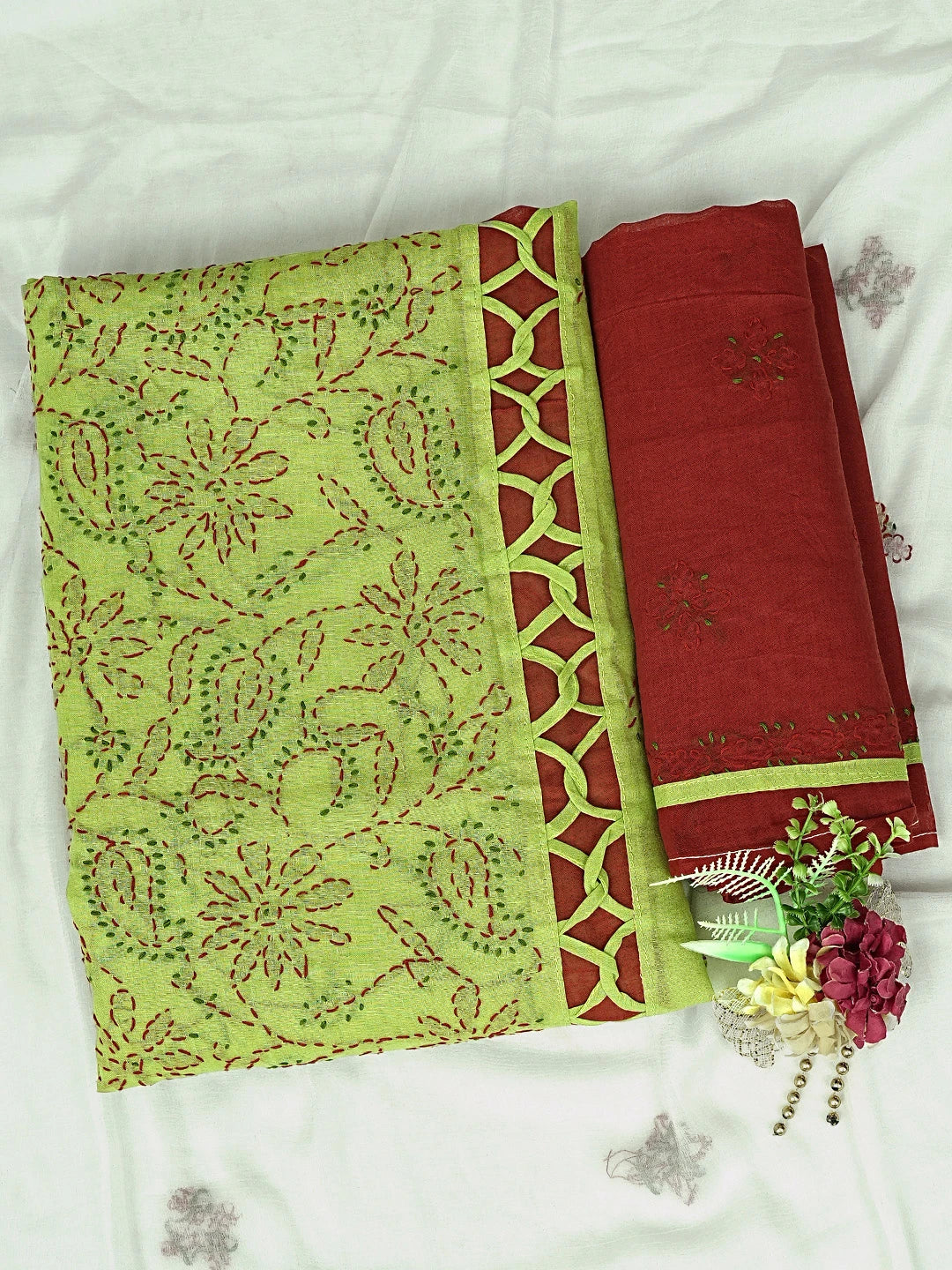 Ada Hand Embroidered Mehendi Green Cotton Lucknowi Chikankari Unstitched Suit Piece 01A878303