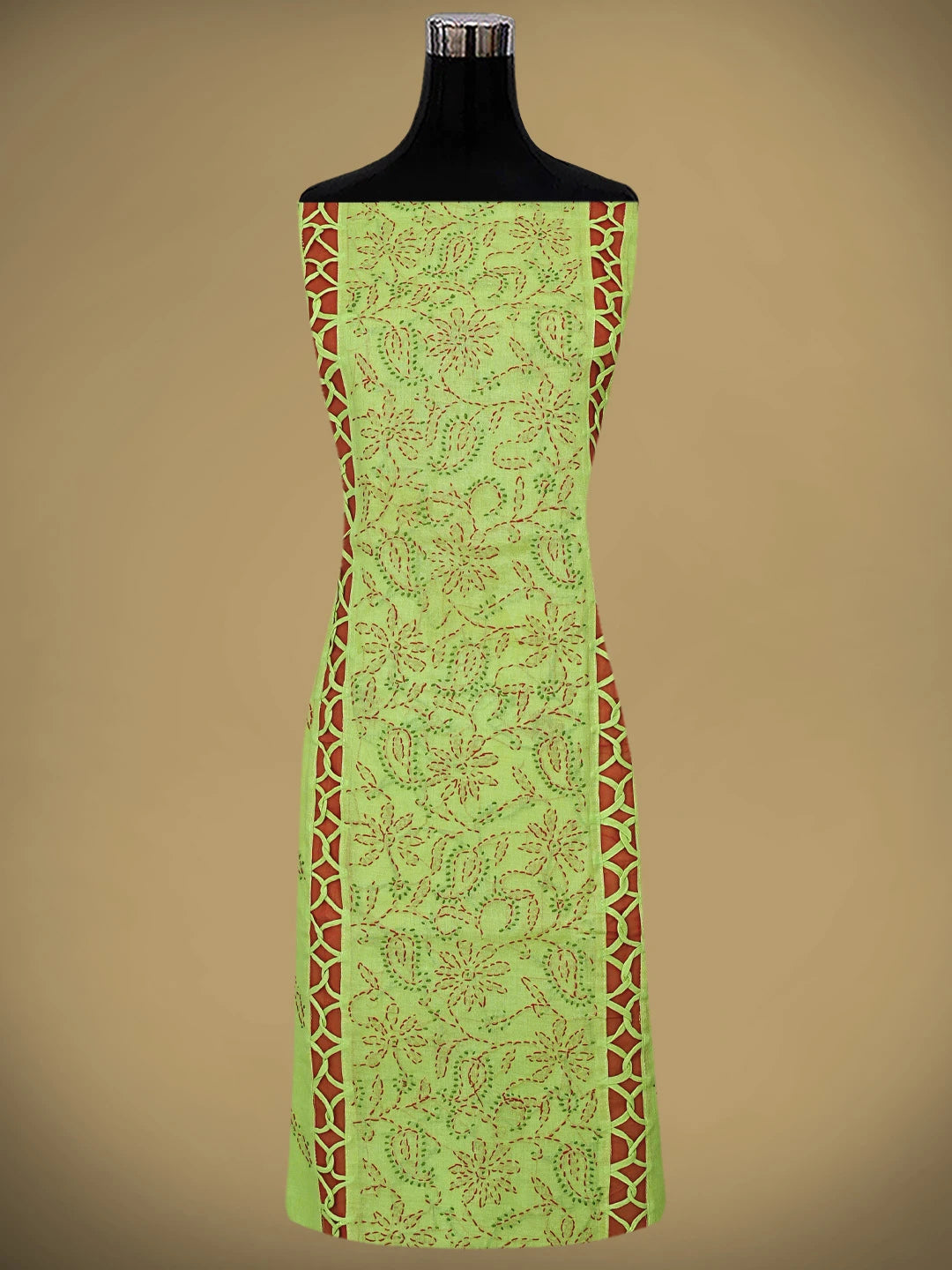 Ada Hand Embroidered Mehendi Green Cotton Lucknowi Chikankari Unstitched Suit Piece 01A878303