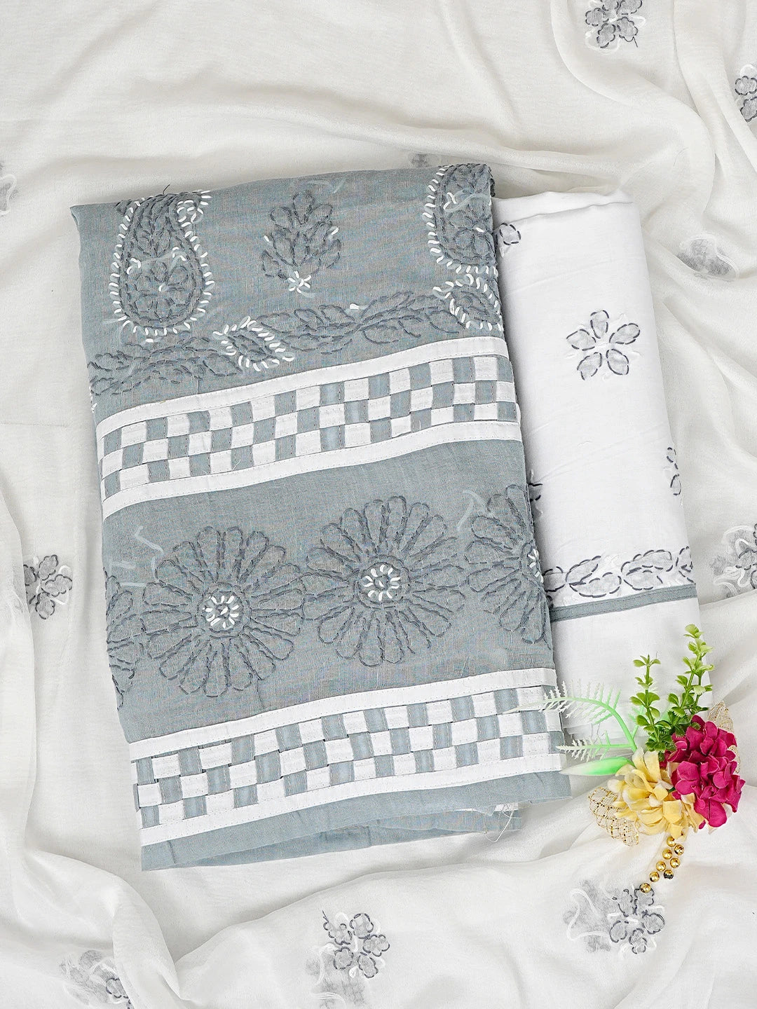 Ada Hand Embroidered Grey Cotton Lucknowi Chikankari Unstitched Suit Piece 01A878300