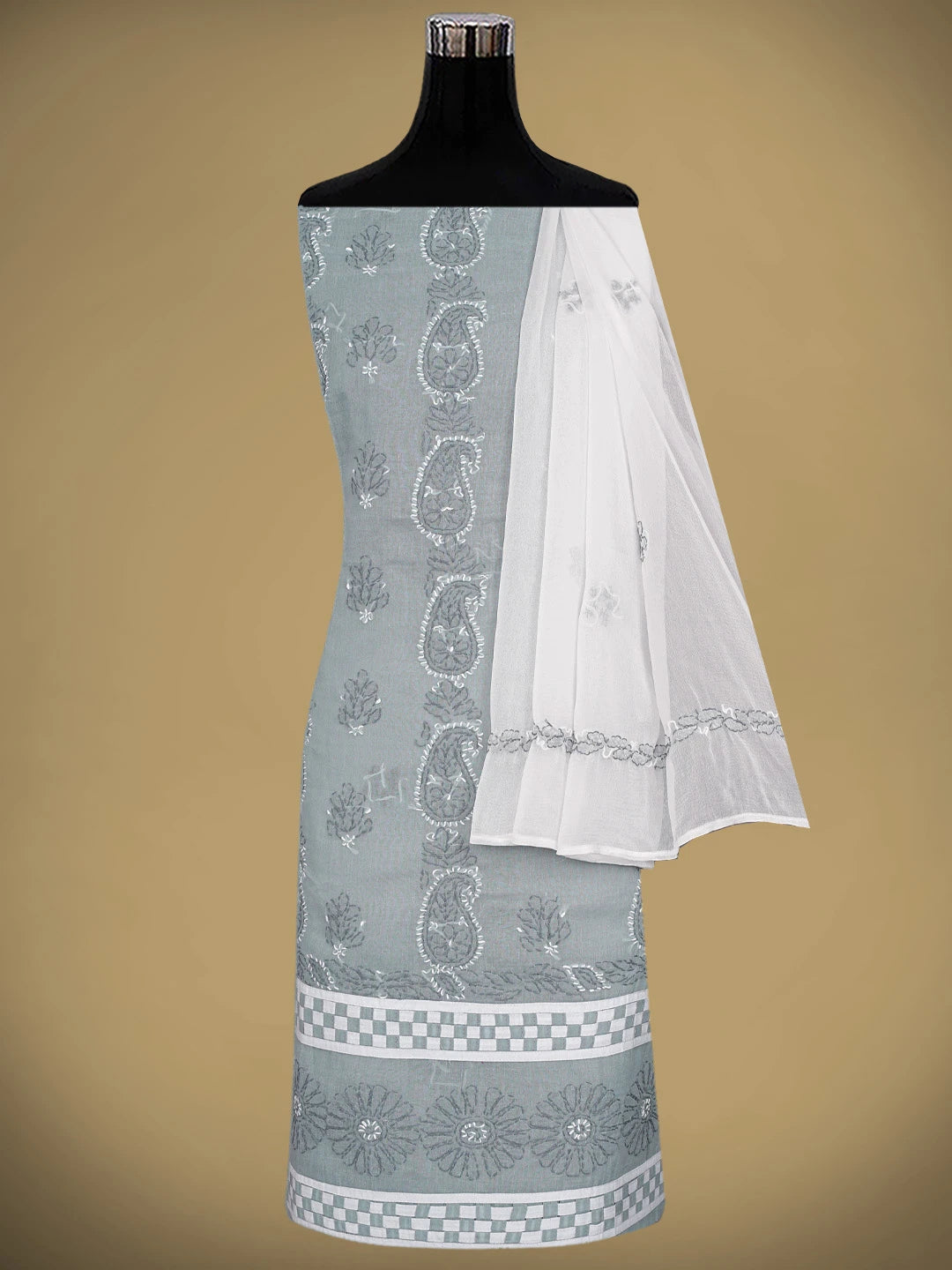 Ada Hand Embroidered Grey Cotton Lucknowi Chikankari Unstitched Suit Piece 01A878300