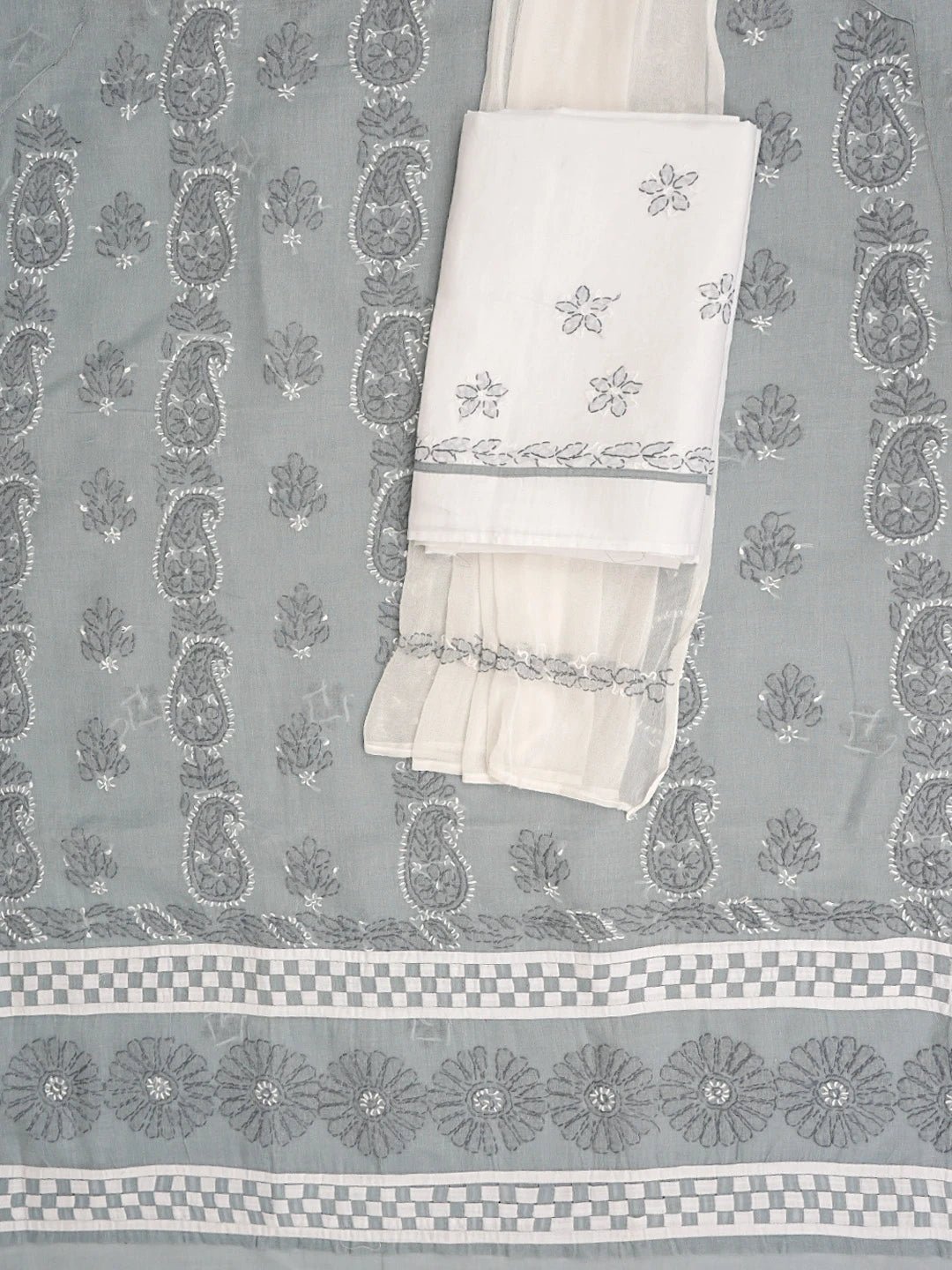 Ada Hand Embroidered Grey Cotton Lucknowi Chikankari Unstitched Suit Piece 01A878300
