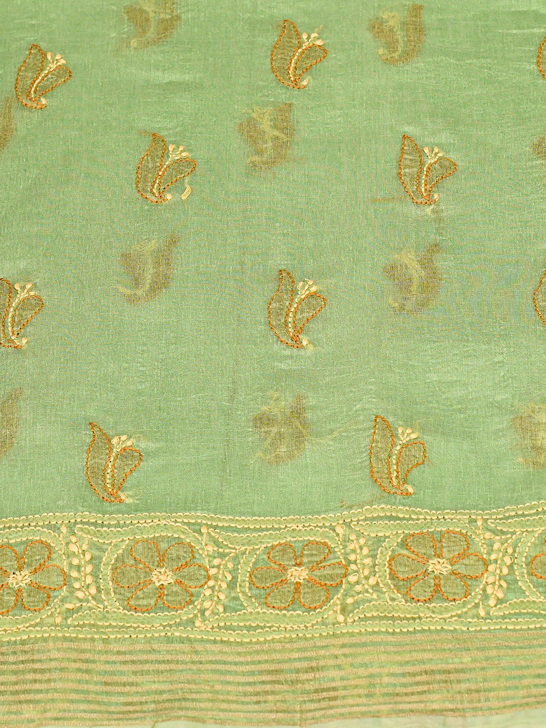 Ada Hand Embroidered Green Chanderi Lucknowi Chikankari Unstitched Kurta Dupatta Set 01A870978