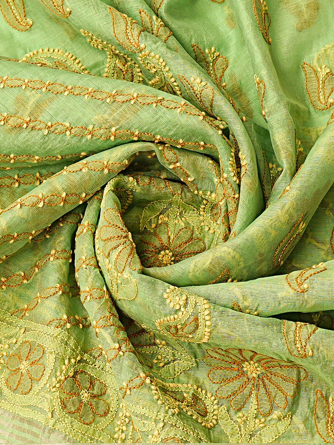 Ada Hand Embroidered Green Chanderi Lucknowi Chikankari Unstitched Kurta Dupatta Set 01A870978