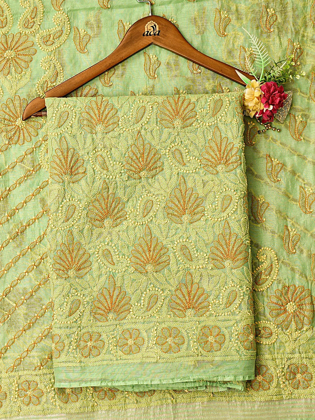 Ada Hand Embroidered Green Chanderi Lucknowi Chikankari Unstitched Kurta Dupatta Set 01A870978