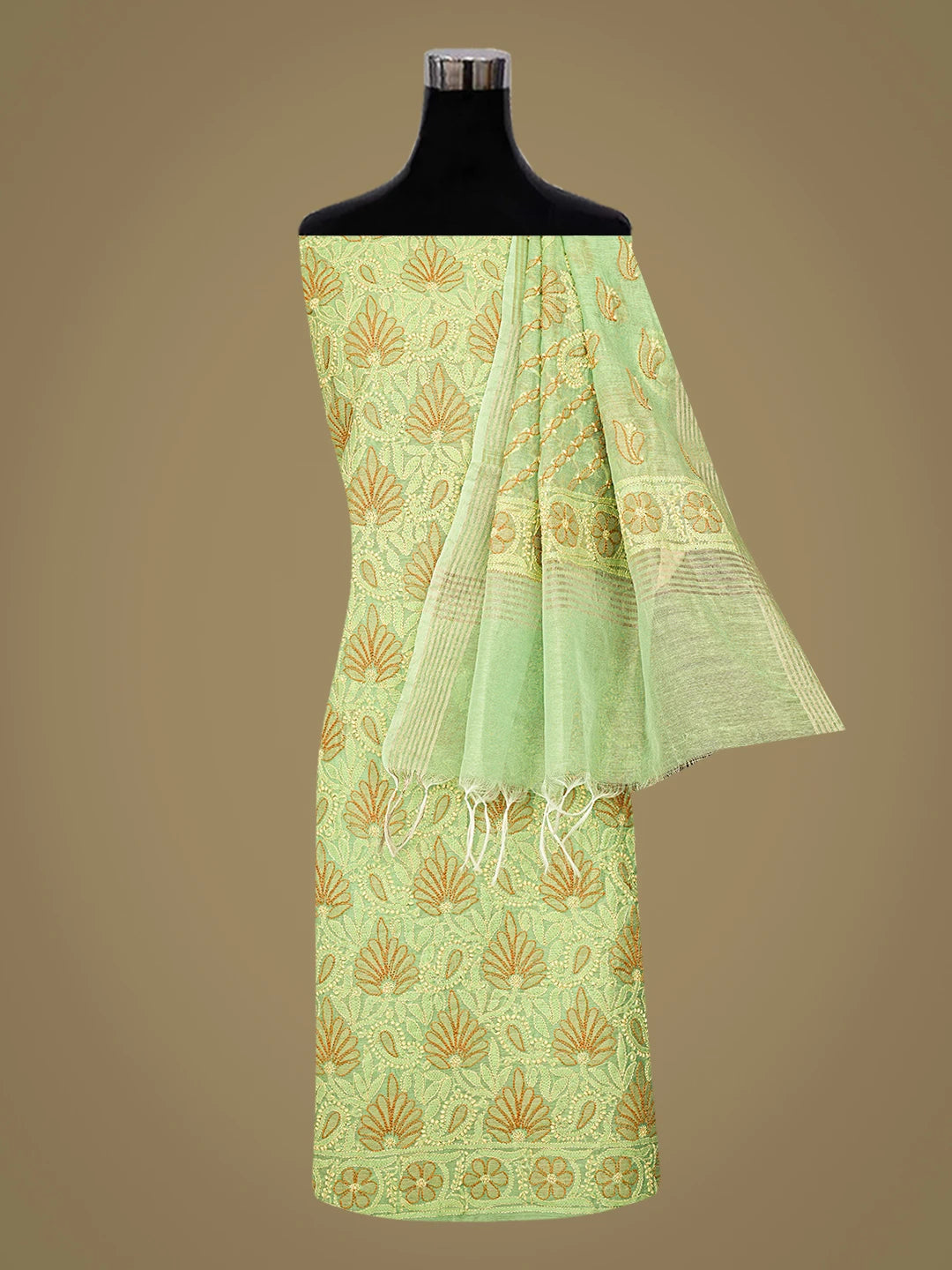 Ada Hand Embroidered Green Chanderi Lucknowi Chikankari Unstitched Kurta Dupatta Set 01A870978