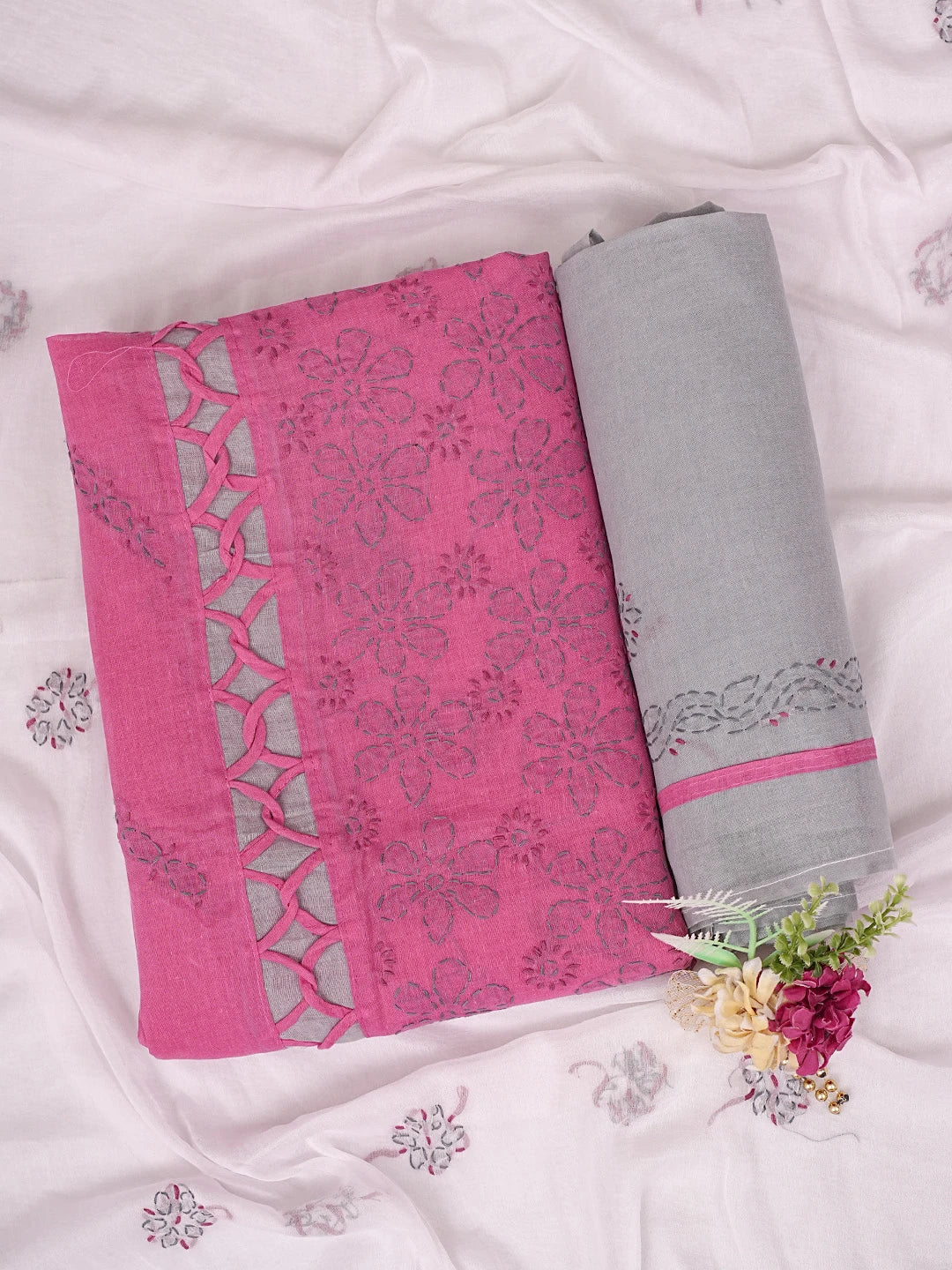 Ada Hand Embroidered Pink Cotton Lucknowi Chikankari Unstitched Suit Piece 01A878299