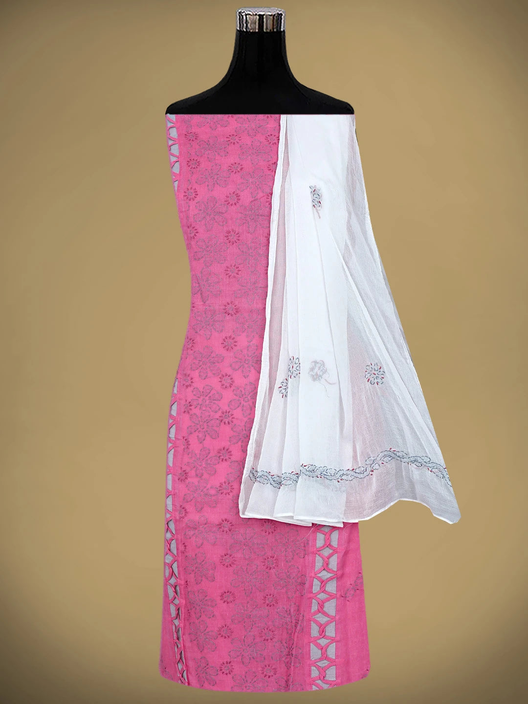 Ada Hand Embroidered Pink Cotton Lucknowi Chikankari Unstitched Suit Piece 01A878299