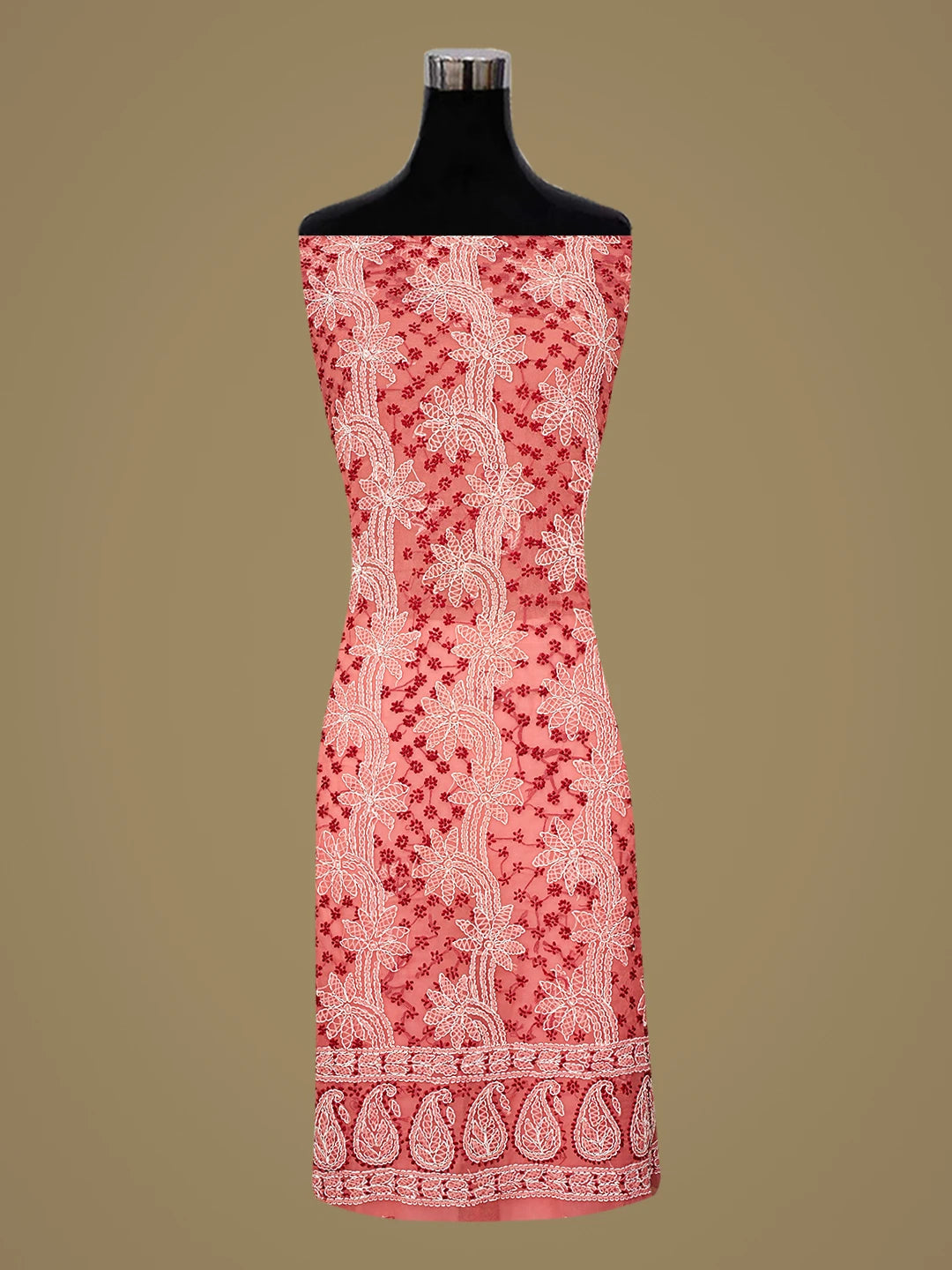 Ada Hand Embroidered Carrot Pink Georgette Lucknowi Chikankari Unstitched Suit Piece 01A872131