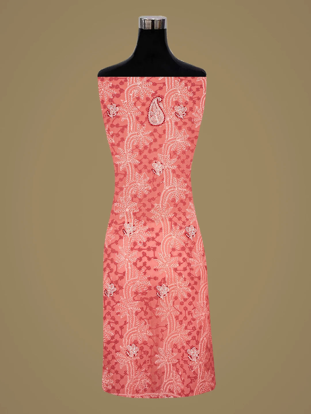 Ada Hand Embroidered Carrot Pink Georgette Lucknowi Chikankari Unstitched Suit Piece 01A872131