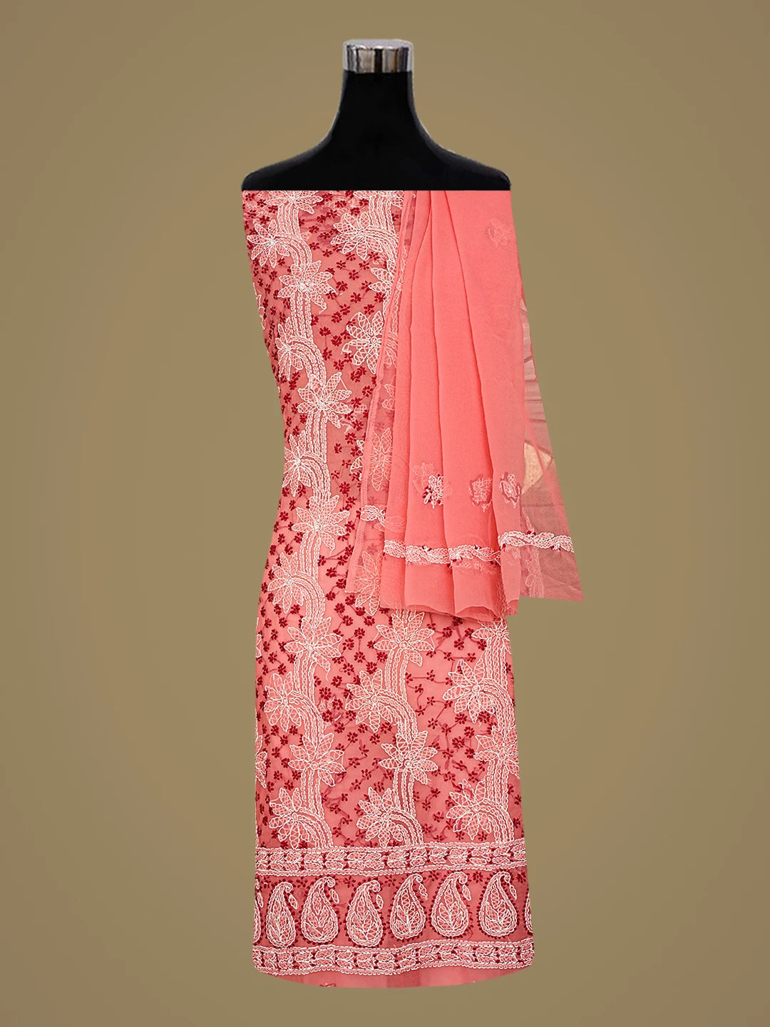 Ada Hand Embroidered Carrot Pink Georgette Lucknowi Chikankari Unstitched Suit Piece 01A872131