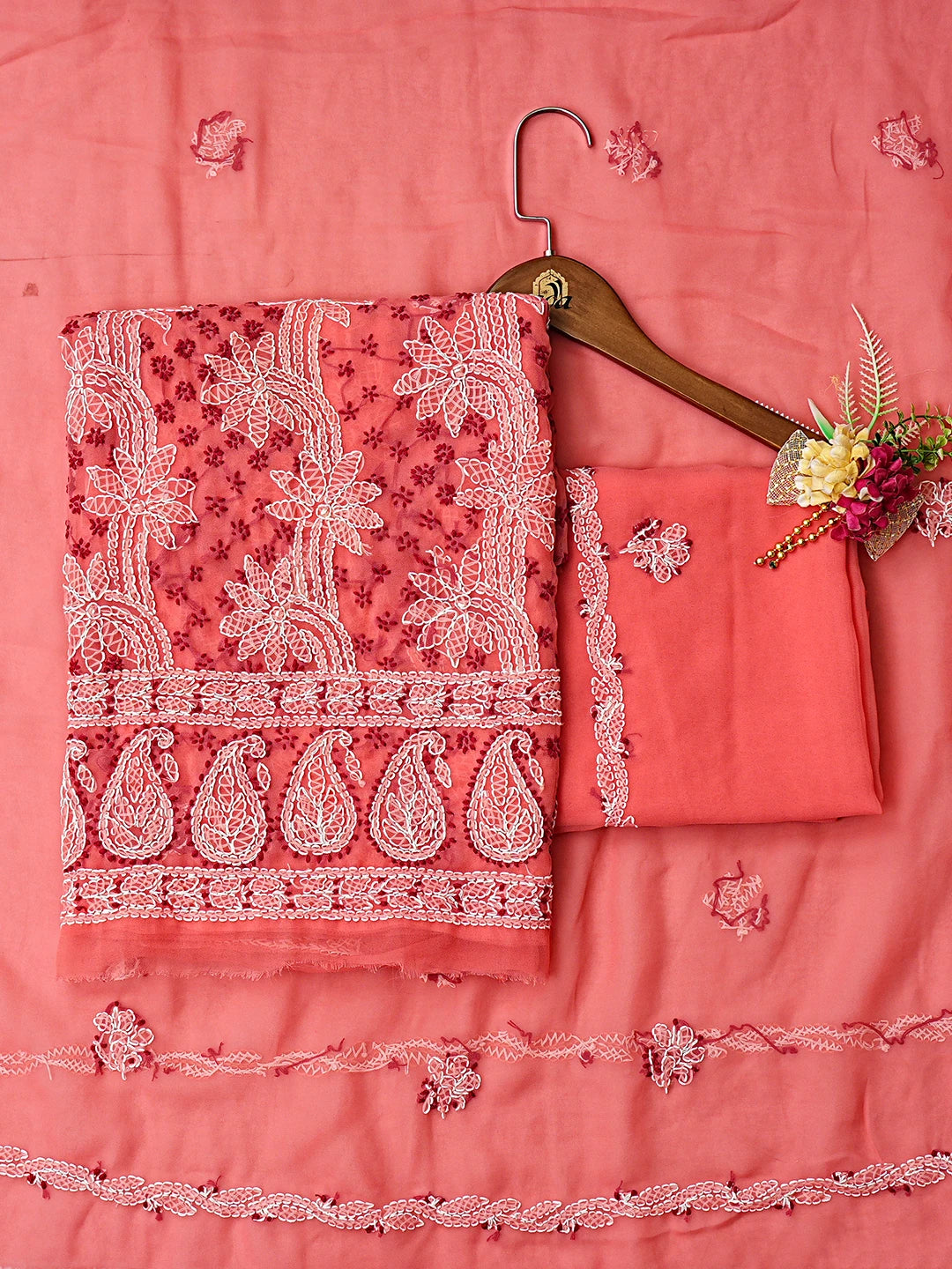 Ada Hand Embroidered Carrot Pink Georgette Lucknowi Chikankari Unstitched Suit Piece 01A872131