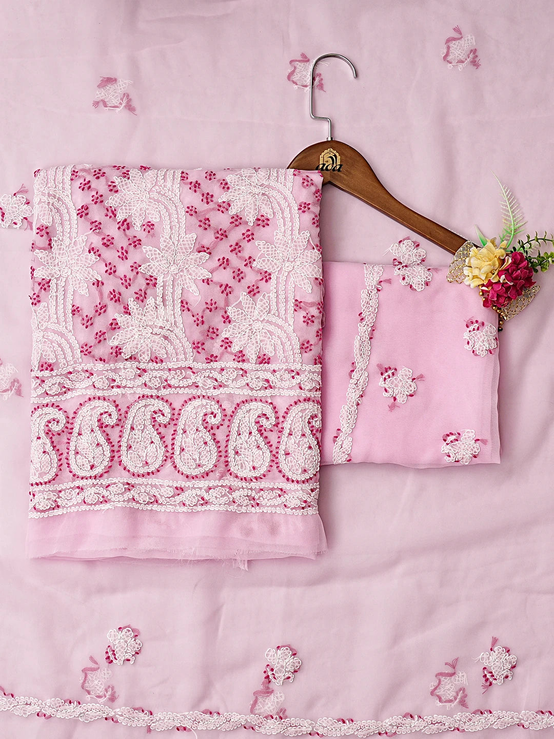 Ada Hand Embroidered Pink Georgette Lucknowi Chikankari Unstitched Suit Piece 01A872098