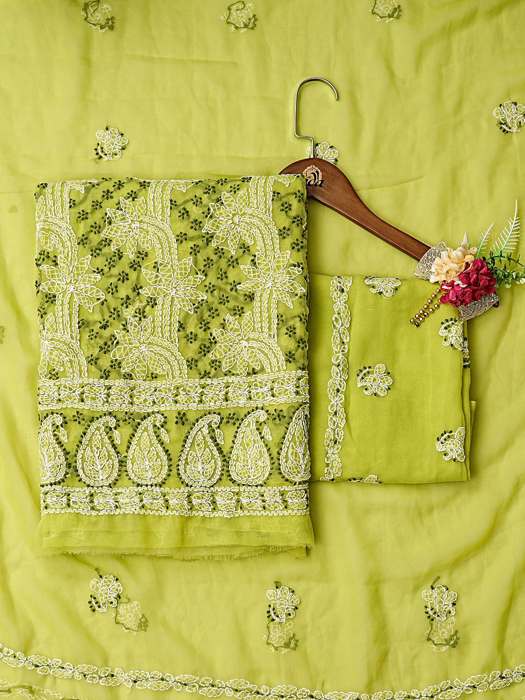 Ada Hand Embroidered Green Georgette Lucknowi Chikankari Unstitched Suit Piece 01A872087