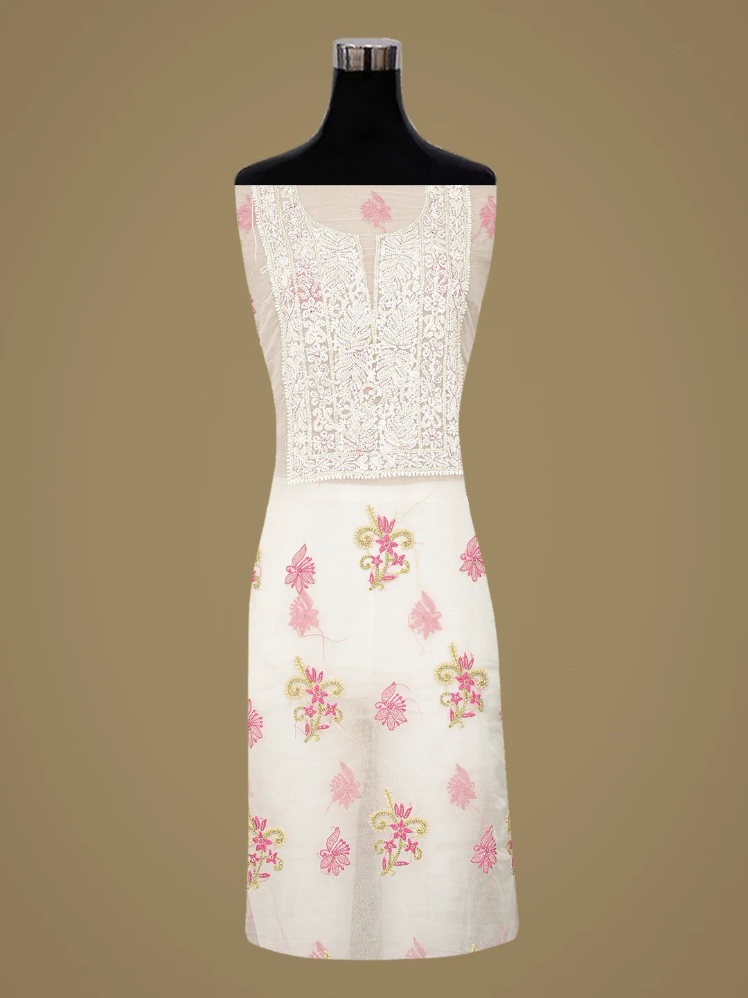 Ada Hand Embroidered White Eggshell Organza Lucknowi Chikankari Unstitched Kurta Dupatta Set With Cutdana Work 01A877735