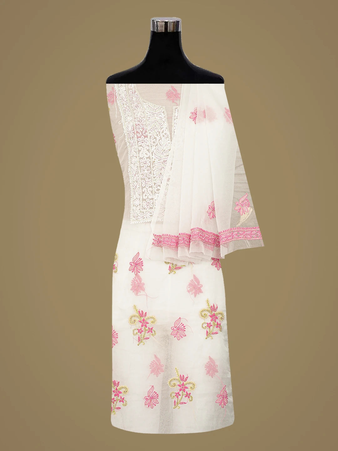 Ada Hand Embroidered White Eggshell Organza Lucknowi Chikankari Unstitched Kurta Dupatta Set With Cutdana Work 01A877735