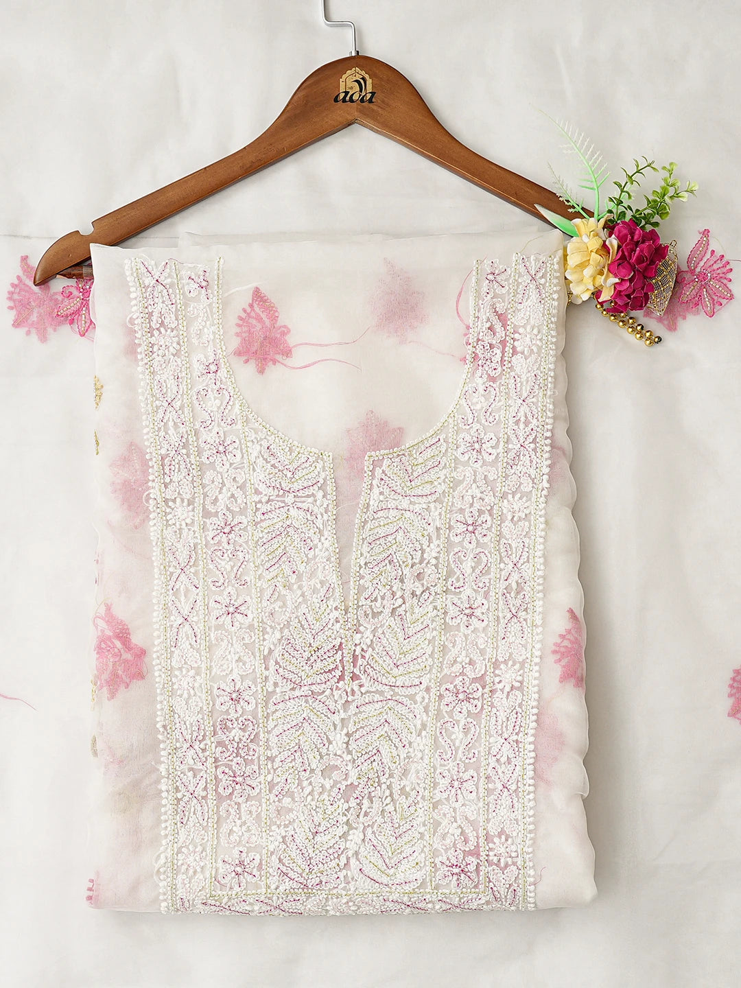Ada Hand Embroidered White Eggshell Organza Lucknowi Chikankari Unstitched Kurta Dupatta Set With Cutdana Work 01A877735