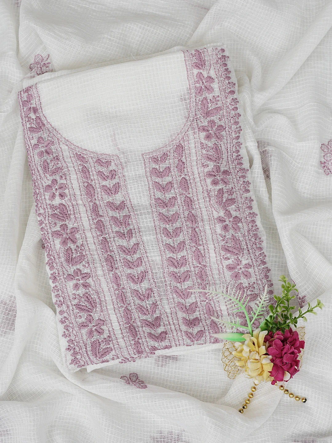 Ada Hand Embroidered White Kota Lucknowi Chikankari Unstitched Kurta Dupatta Set 01A876917